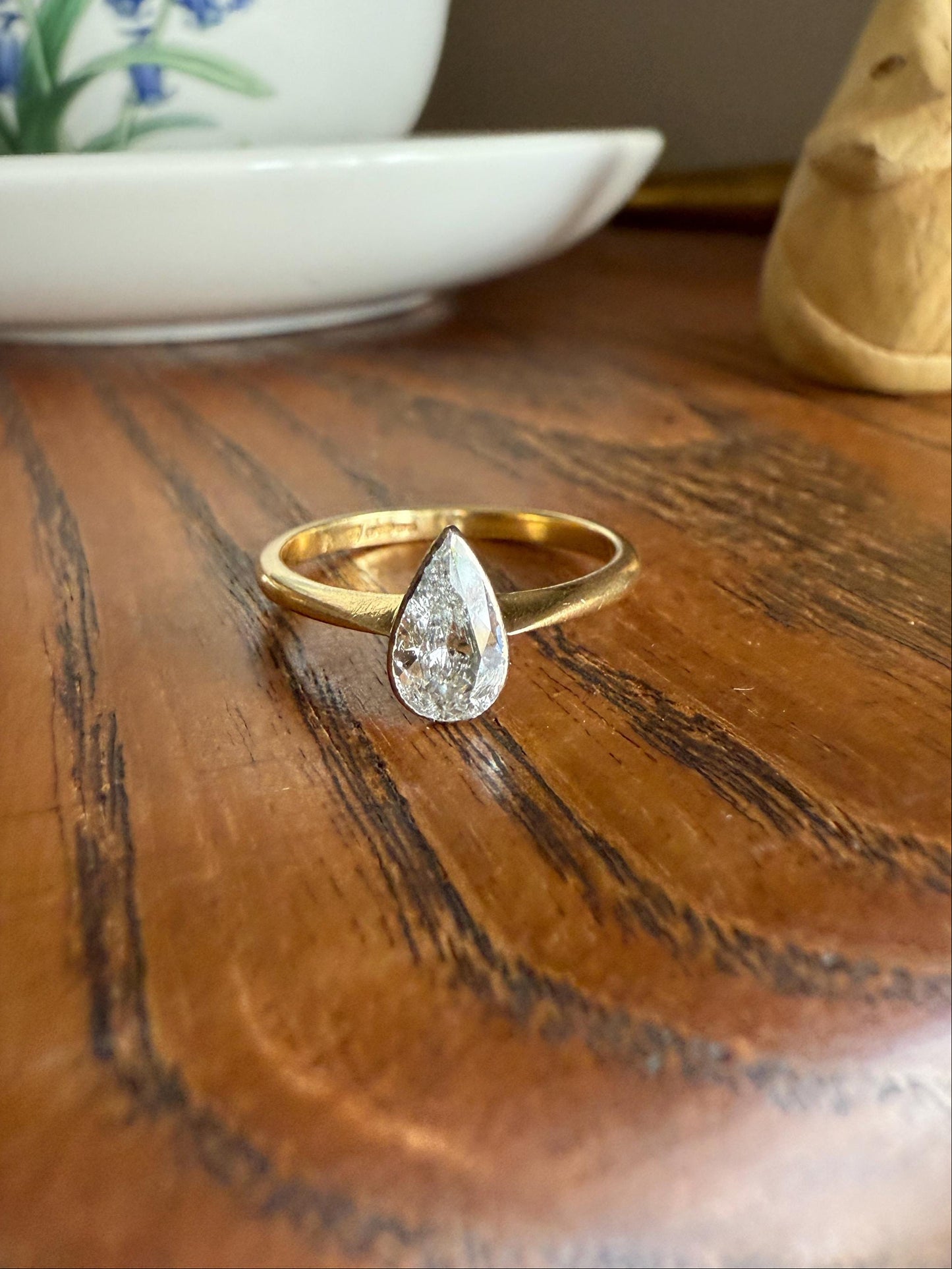 Vintage PEAR Natural Diamond Solitaire Ring One Carat 18k Gold Bezel Set Knife Edge Band Engagement Stacker