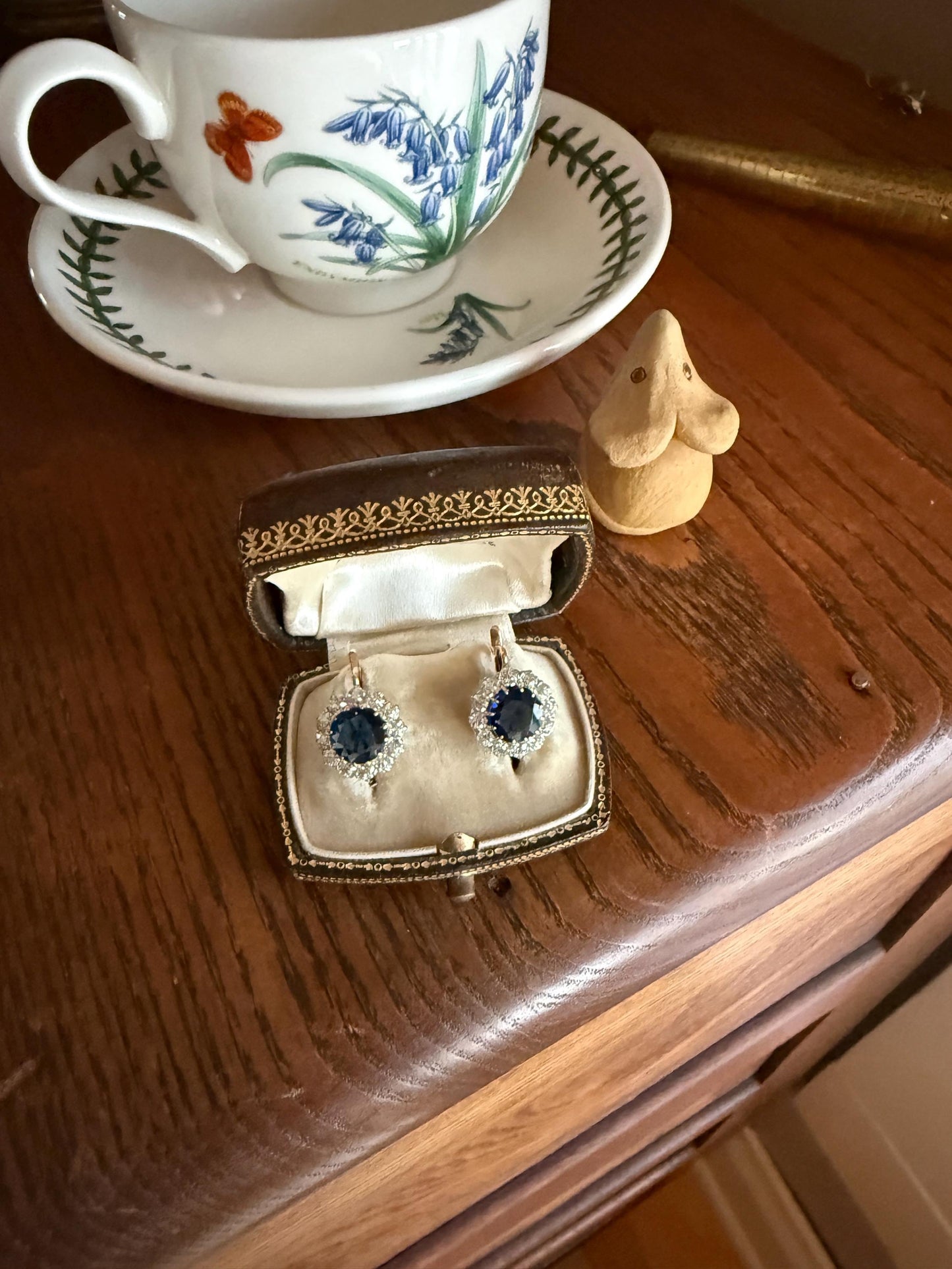 Antique 1.7 Carat Old Mine Cut DIAMOND Blue Paste Faux Sapphire 18k Gold Halo Dormeuse Earrings Victorian Dangle Gift Something Old Blue
