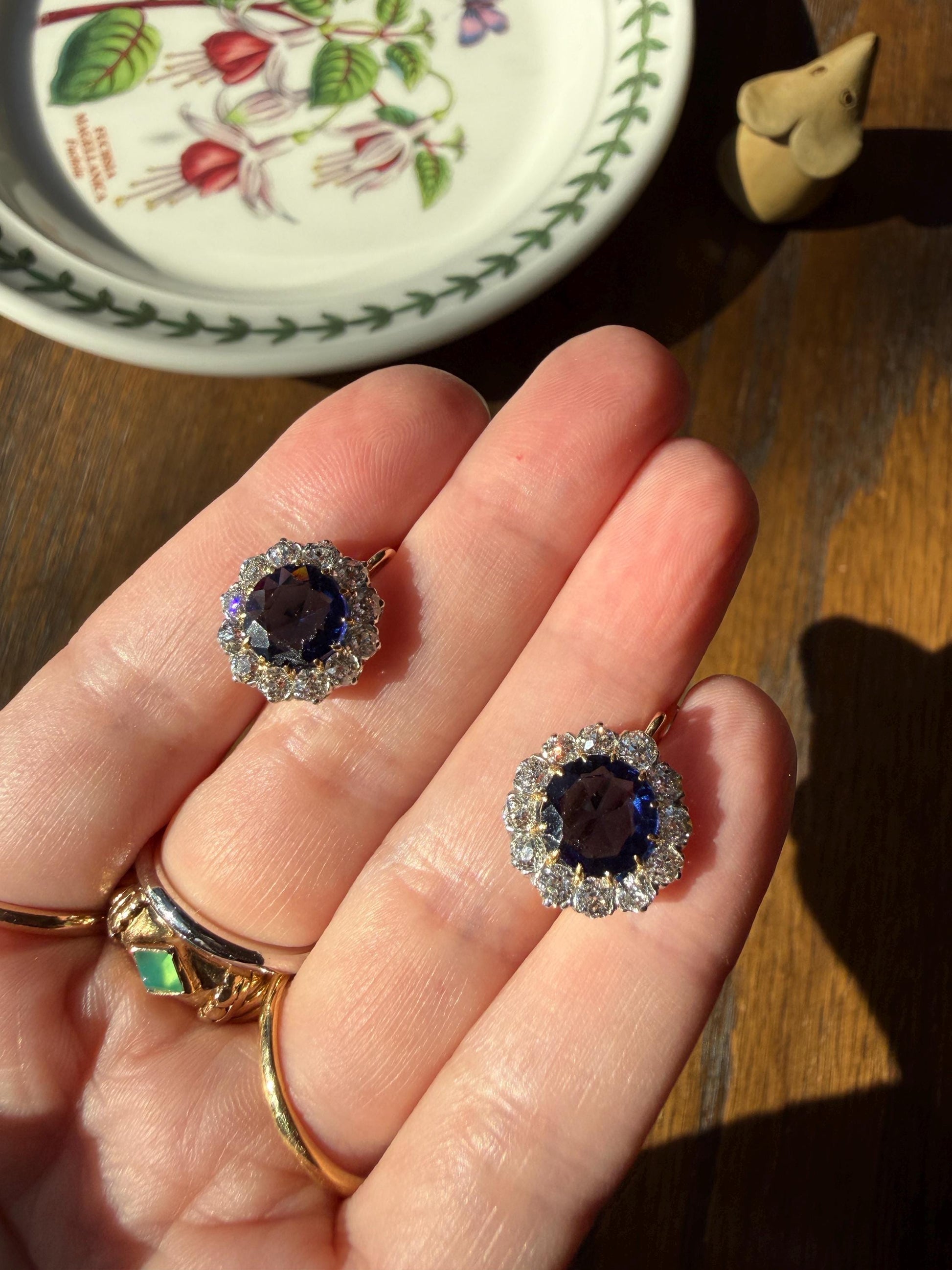 Antique 1.7 Carat Old Mine Cut DIAMOND Blue Paste Faux Sapphire 18k Gold Halo Dormeuse Earrings Victorian Dangle Gift Something Old Blue