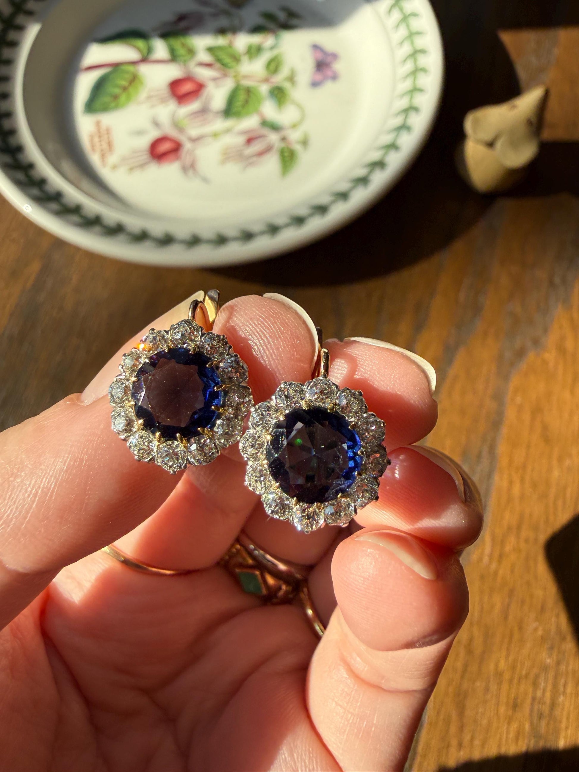 Antique 1.7 Carat Old Mine Cut DIAMOND Blue Paste Faux Sapphire 18k Gold Halo Dormeuse Earrings Victorian Dangle Gift Something Old Blue