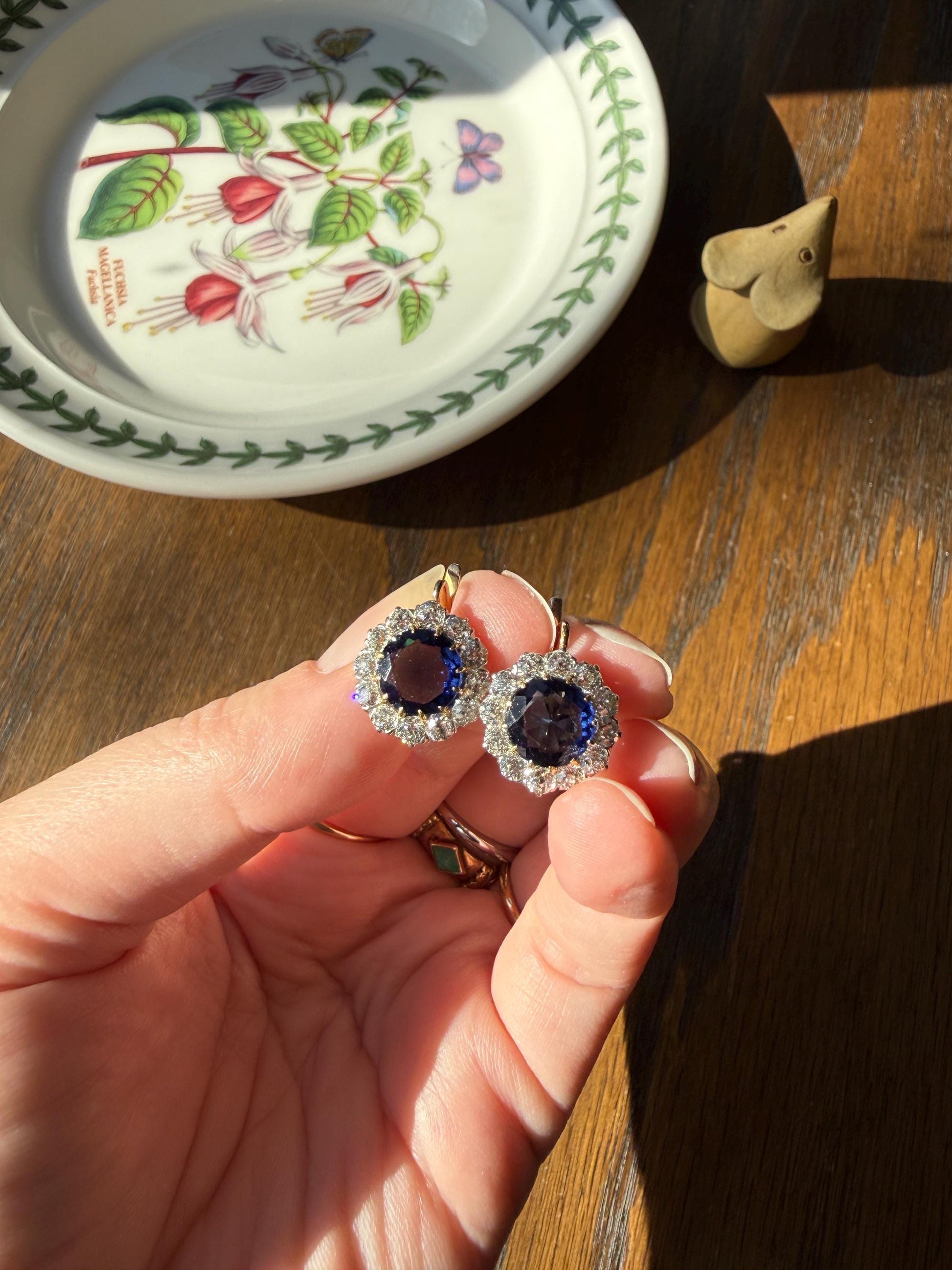 Antique 1.7 Carat Old Mine Cut DIAMOND Blue Paste Faux Sapphire 18k Gold Halo Dormeuse Earrings Victorian Dangle Gift Something Old Blue