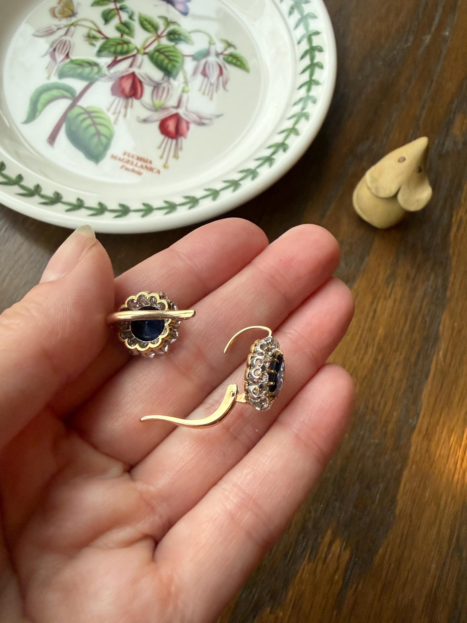 Antique 1.7 Carat Old Mine Cut DIAMOND Blue Paste Faux Sapphire 18k Gold Halo Dormeuse Earrings Victorian Dangle Gift Something Old Blue