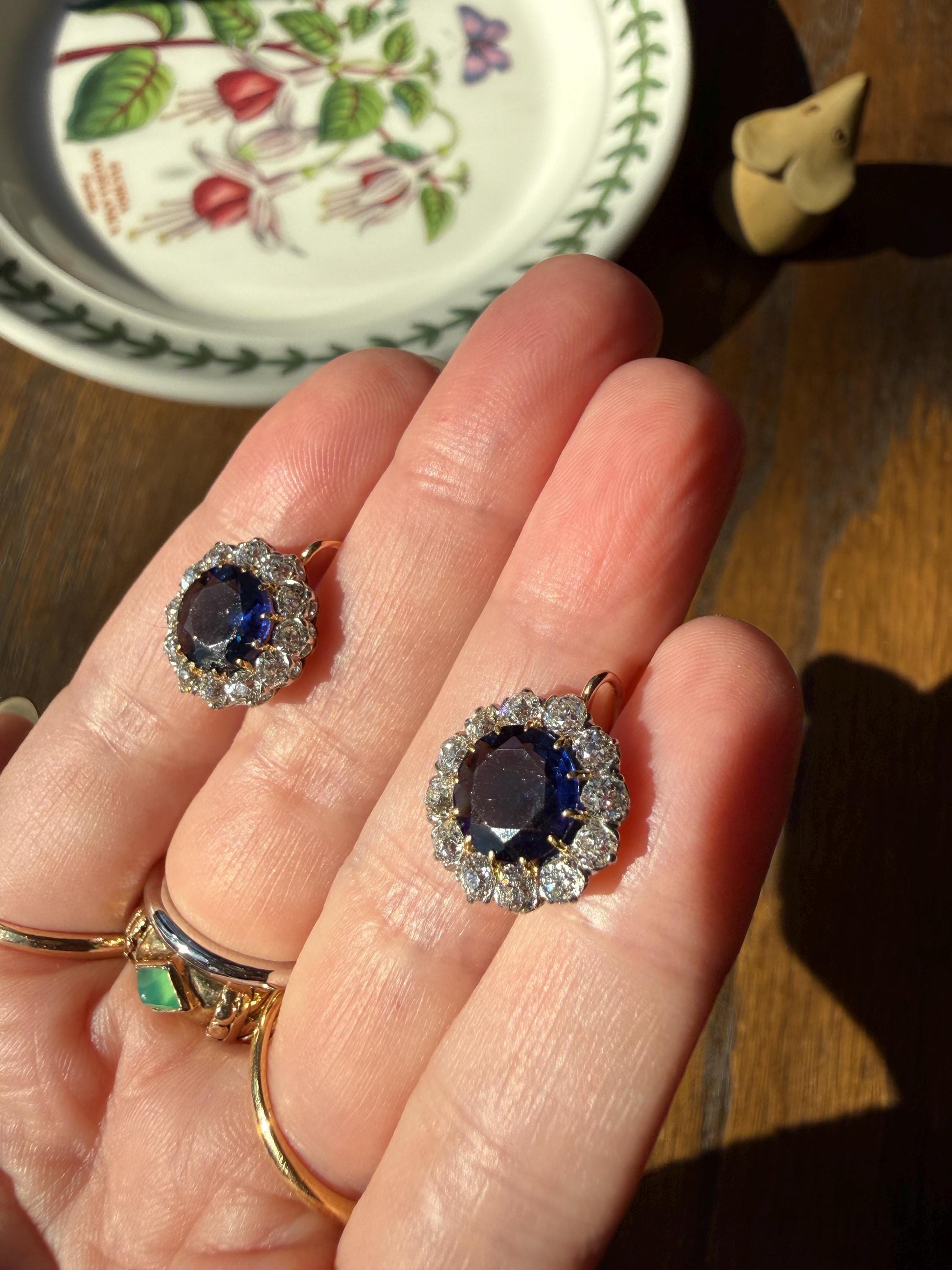 Antique 1.7 Carat Old Mine Cut DIAMOND Blue Paste Faux Sapphire 18k Gold Halo Dormeuse Earrings Victorian Dangle Gift Something Old Blue