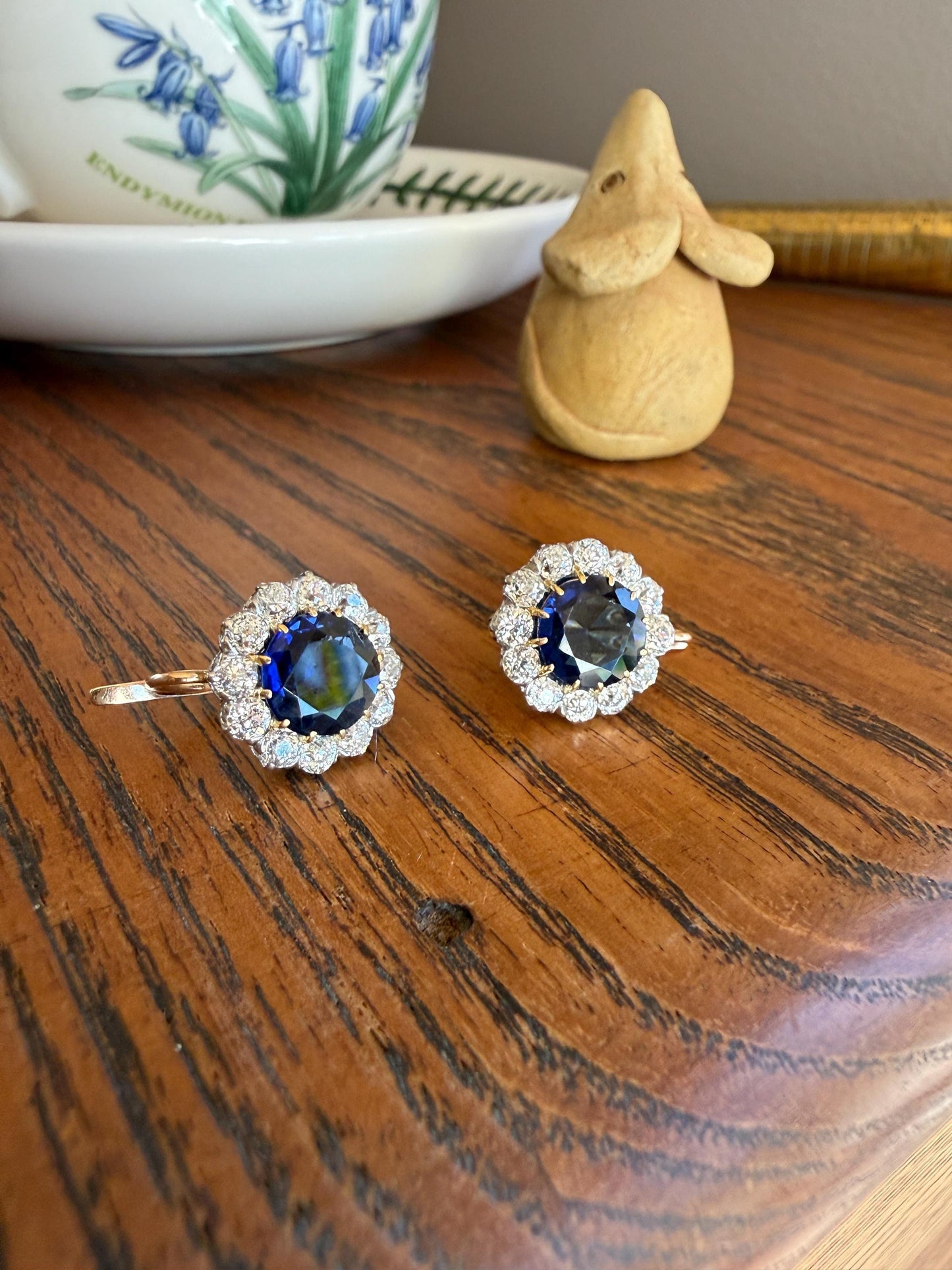 Antique 1.7 Carat Old Mine Cut DIAMOND Blue Paste Faux Sapphire 18k Gold Halo Dormeuse Earrings Victorian Dangle Gift Something Old Blue
