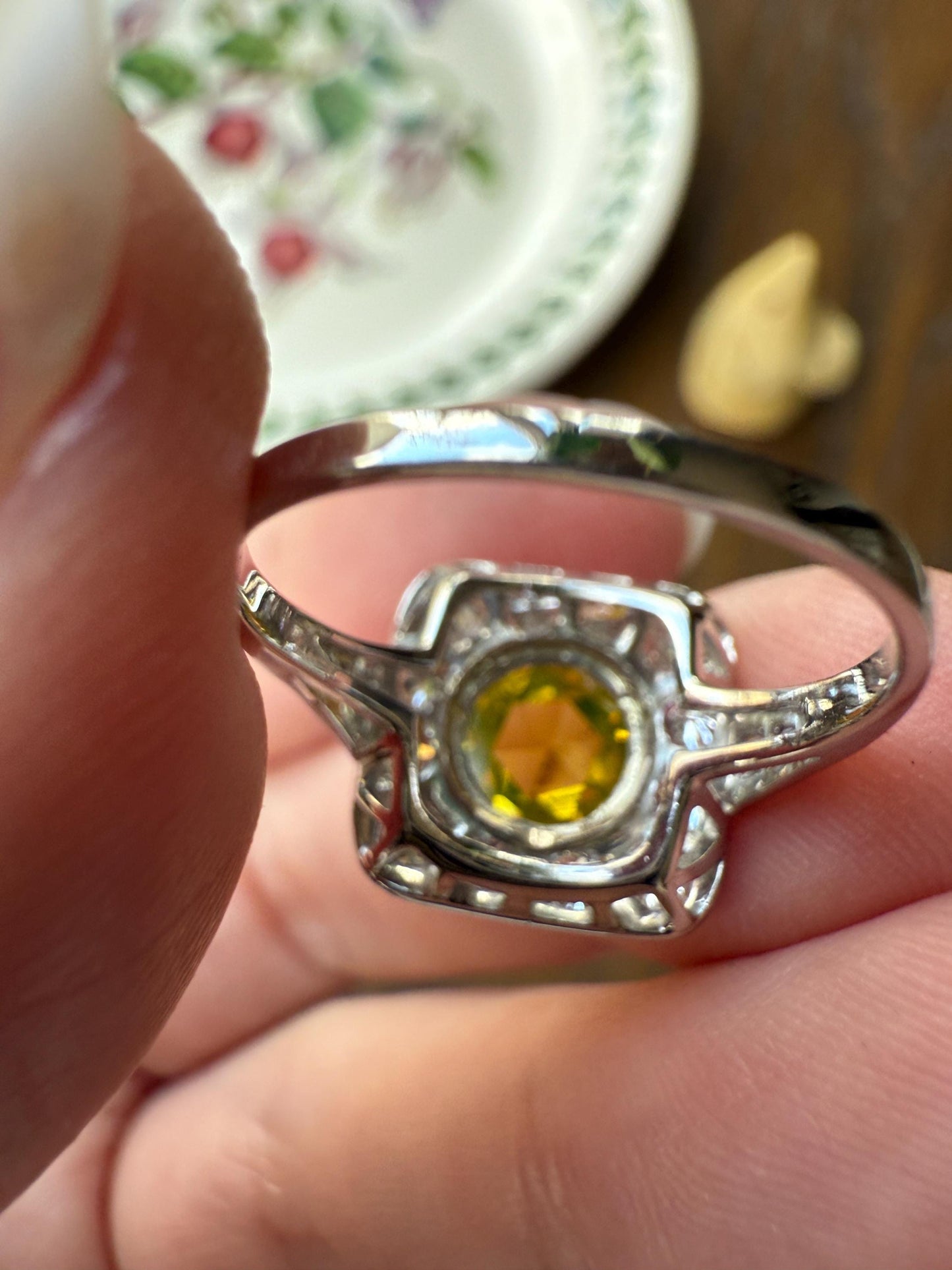Vintage .8 Carat Fancy Greenish Yellow Natural ROSE CUT Diamond 1.8 Ctw Transitional Cut Boxed Cobblestone Panel Ring Platinum Lemon Lime