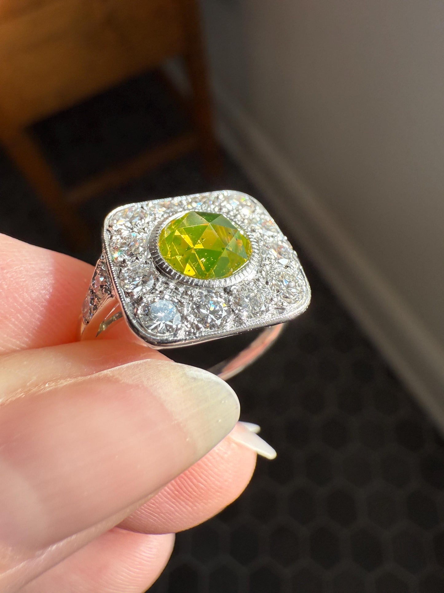 Vintage .8 Carat Fancy Greenish Yellow Natural ROSE CUT Diamond 1.8 Ctw Transitional Cut Boxed Cobblestone Panel Ring Platinum Lemon Lime