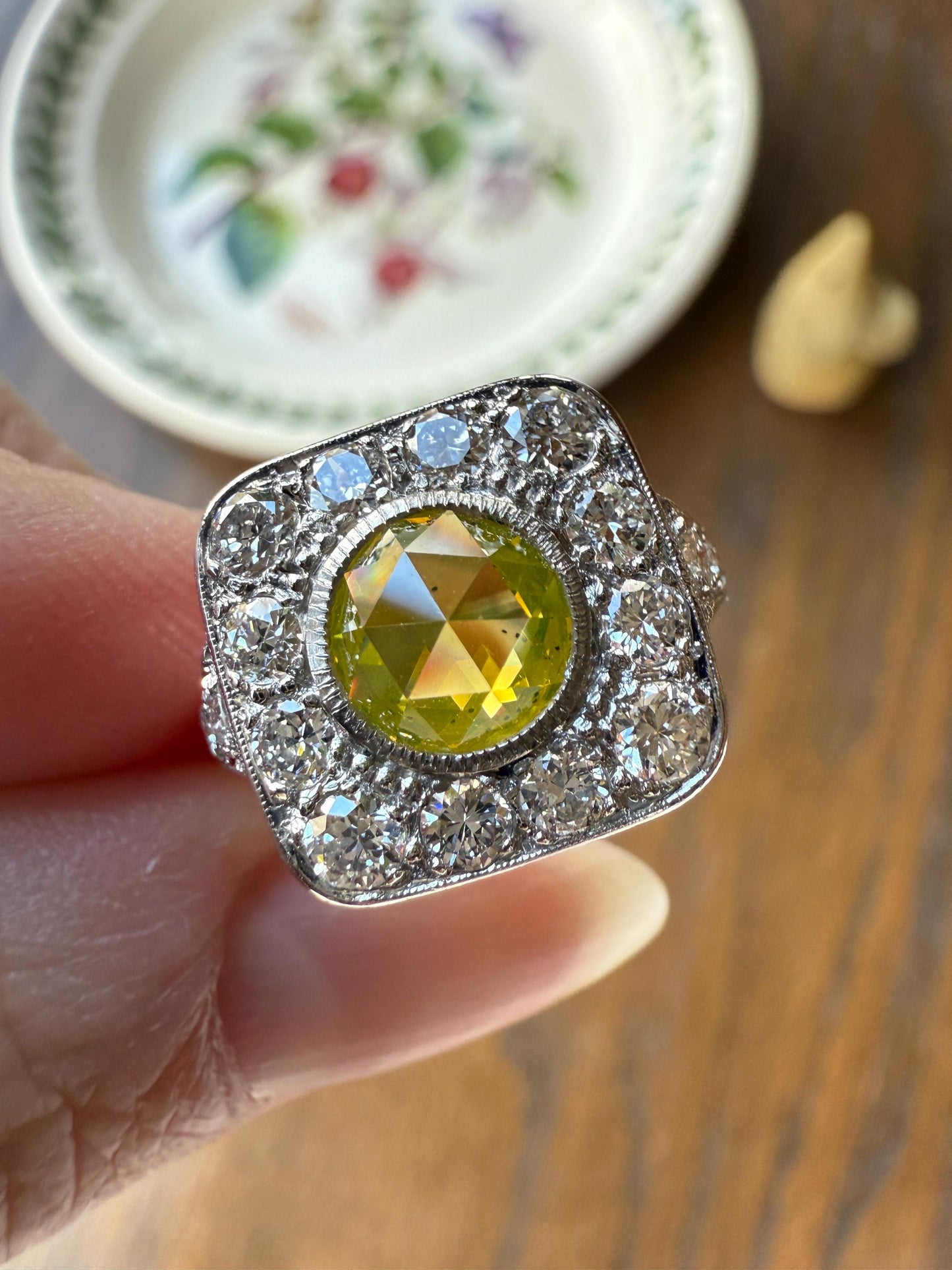 Vintage .8 Carat Fancy Greenish Yellow Natural ROSE CUT Diamond 1.8 Ctw Transitional Cut Boxed Cobblestone Panel Ring Platinum Lemon Lime