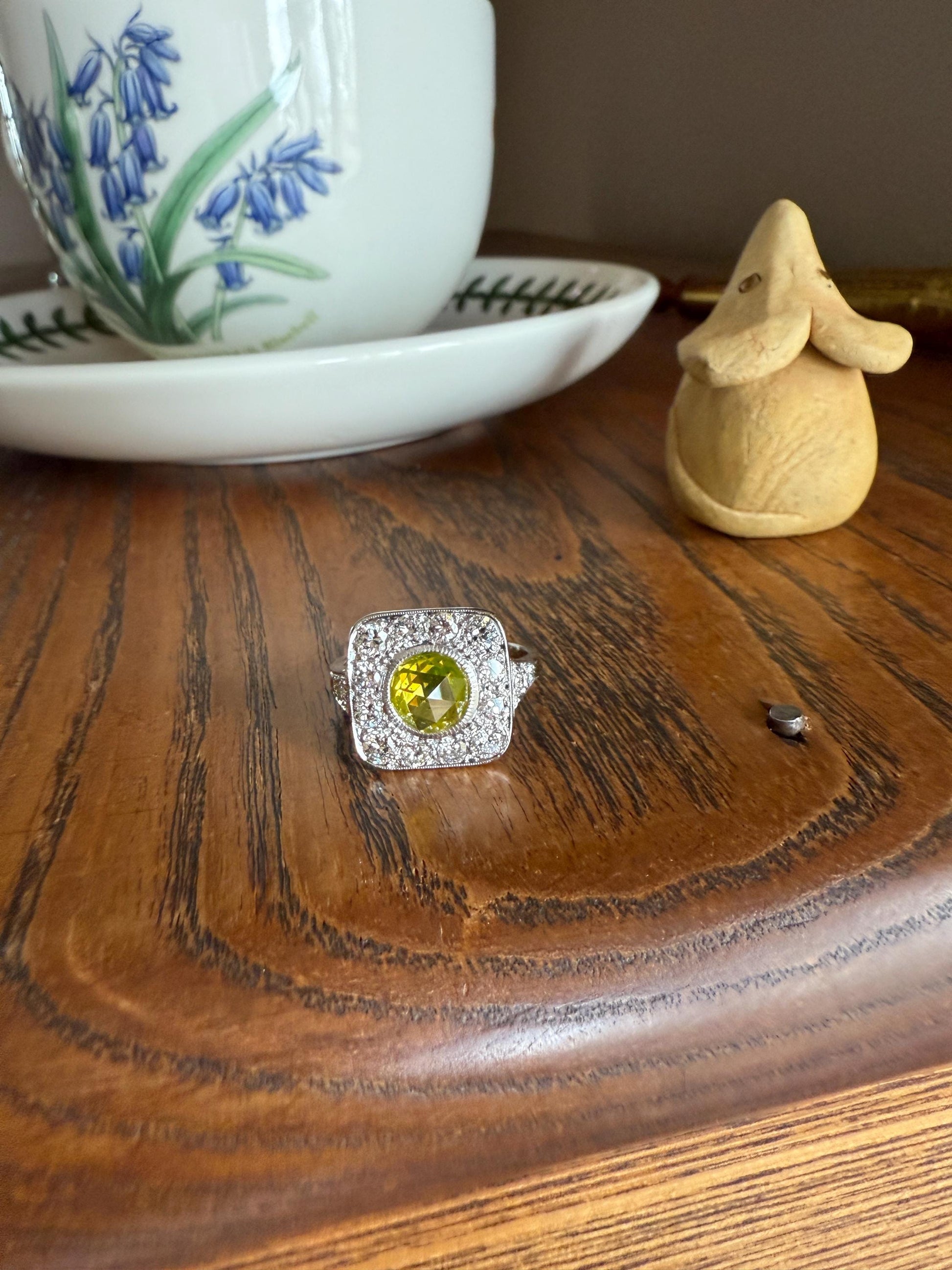 Vintage .8 Carat Fancy Greenish Yellow Natural ROSE CUT Diamond 1.8 Ctw Transitional Cut Boxed Cobblestone Panel Ring Platinum Lemon Lime