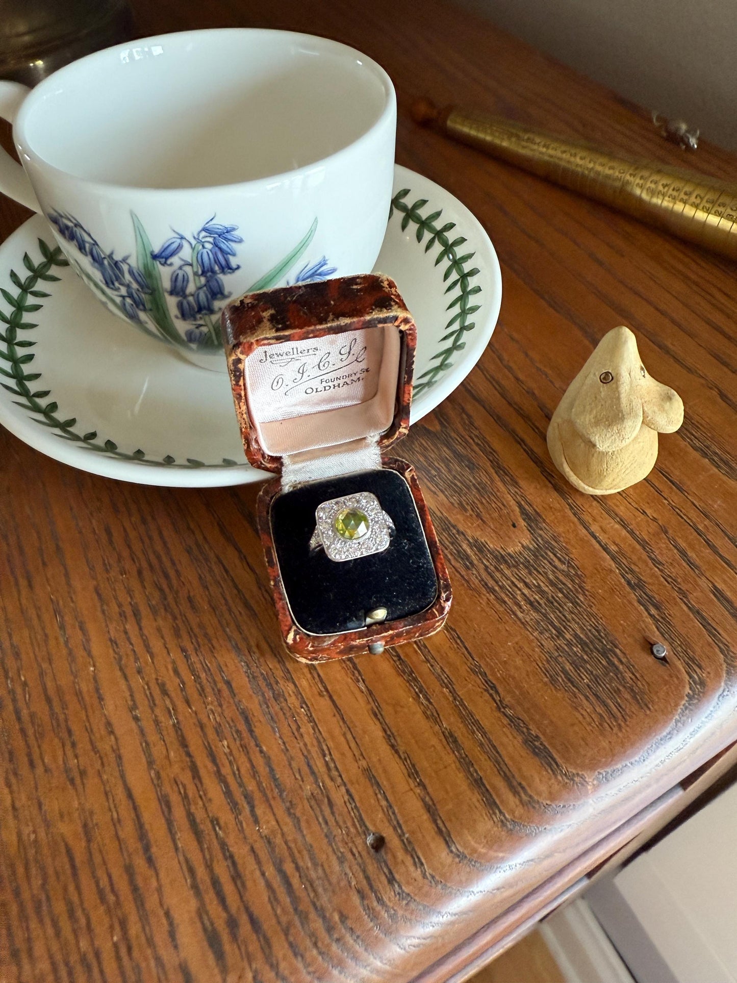 Vintage .8 Carat Fancy Greenish Yellow Natural ROSE CUT Diamond 1.8 Ctw Transitional Cut Boxed Cobblestone Panel Ring Platinum Lemon Lime