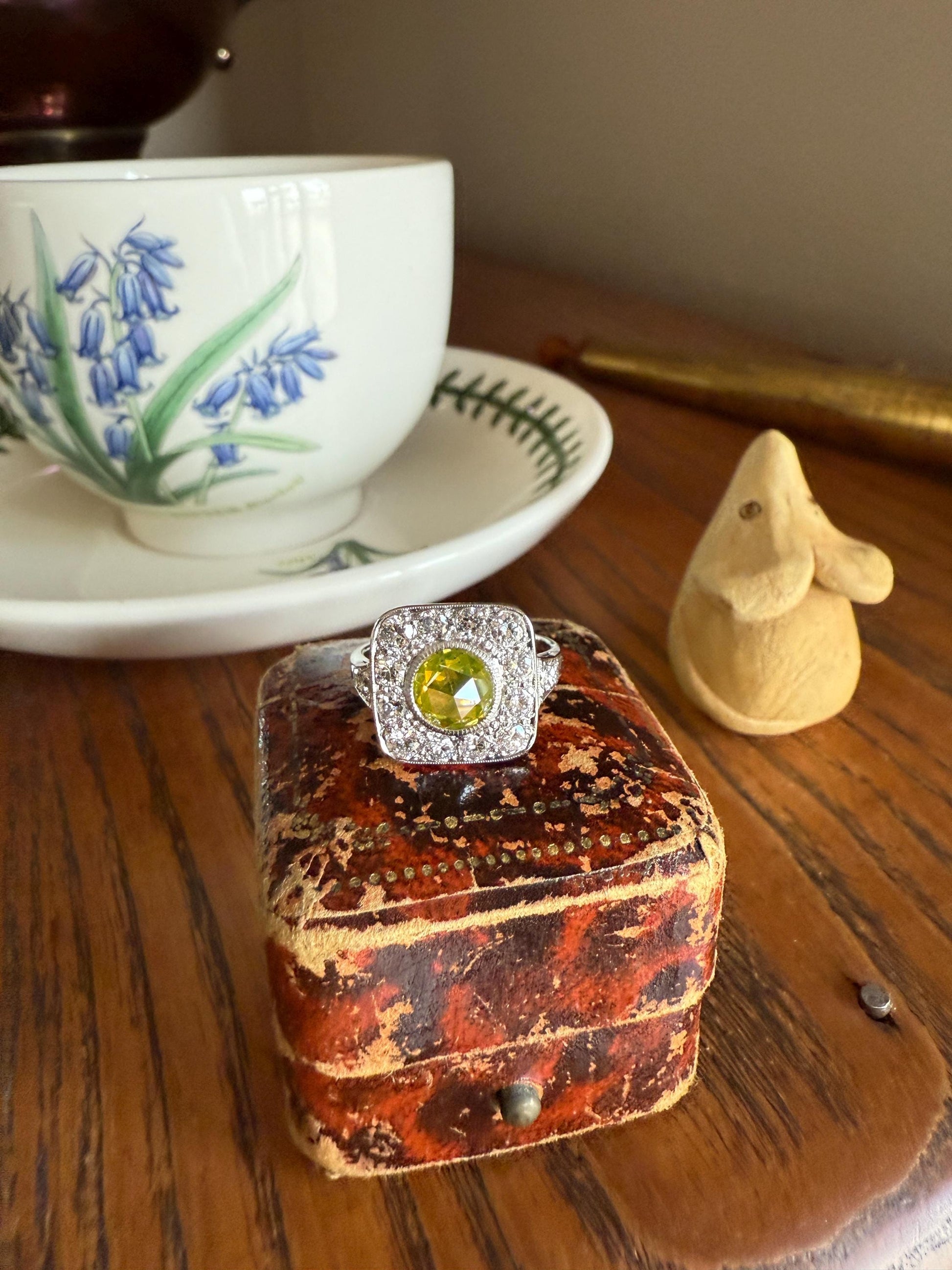 Vintage .8 Carat Fancy Greenish Yellow Natural ROSE CUT Diamond 1.8 Ctw Transitional Cut Boxed Cobblestone Panel Ring Platinum Lemon Lime