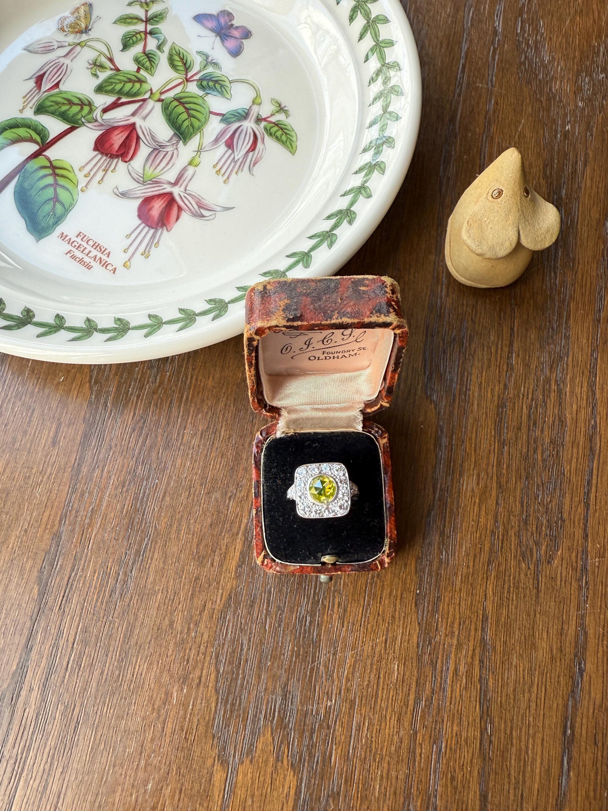 Vintage .8 Carat Fancy Greenish Yellow Natural ROSE CUT Diamond 1.8 Ctw Transitional Cut Boxed Cobblestone Panel Ring Platinum Lemon Lime
