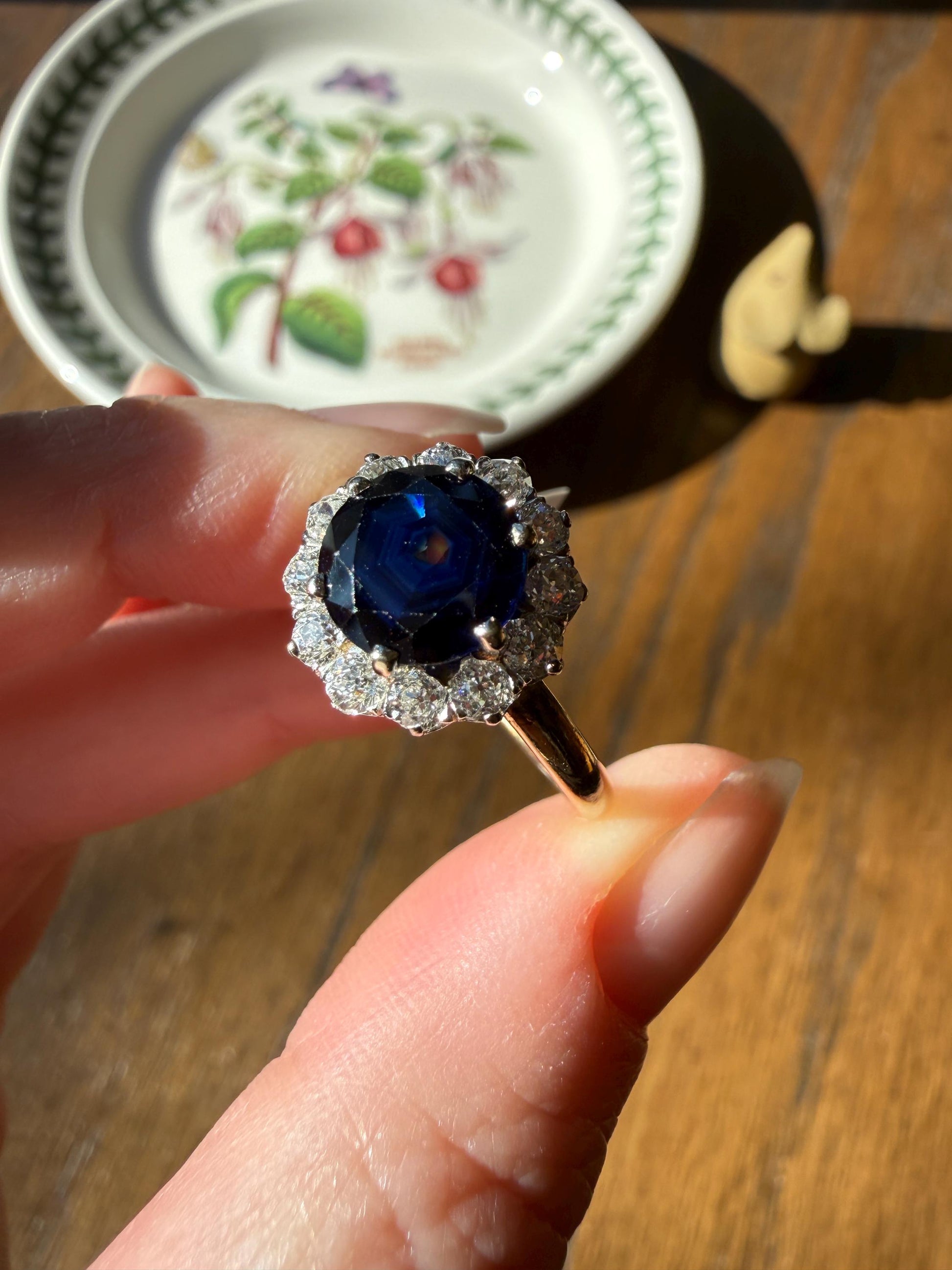 Antique Natural Sapphire with .8 Carat Old Mine Cut Diamond Halo Ring Cluster with Donut Shank Stacker Band 18k Gold Hexagon Silk