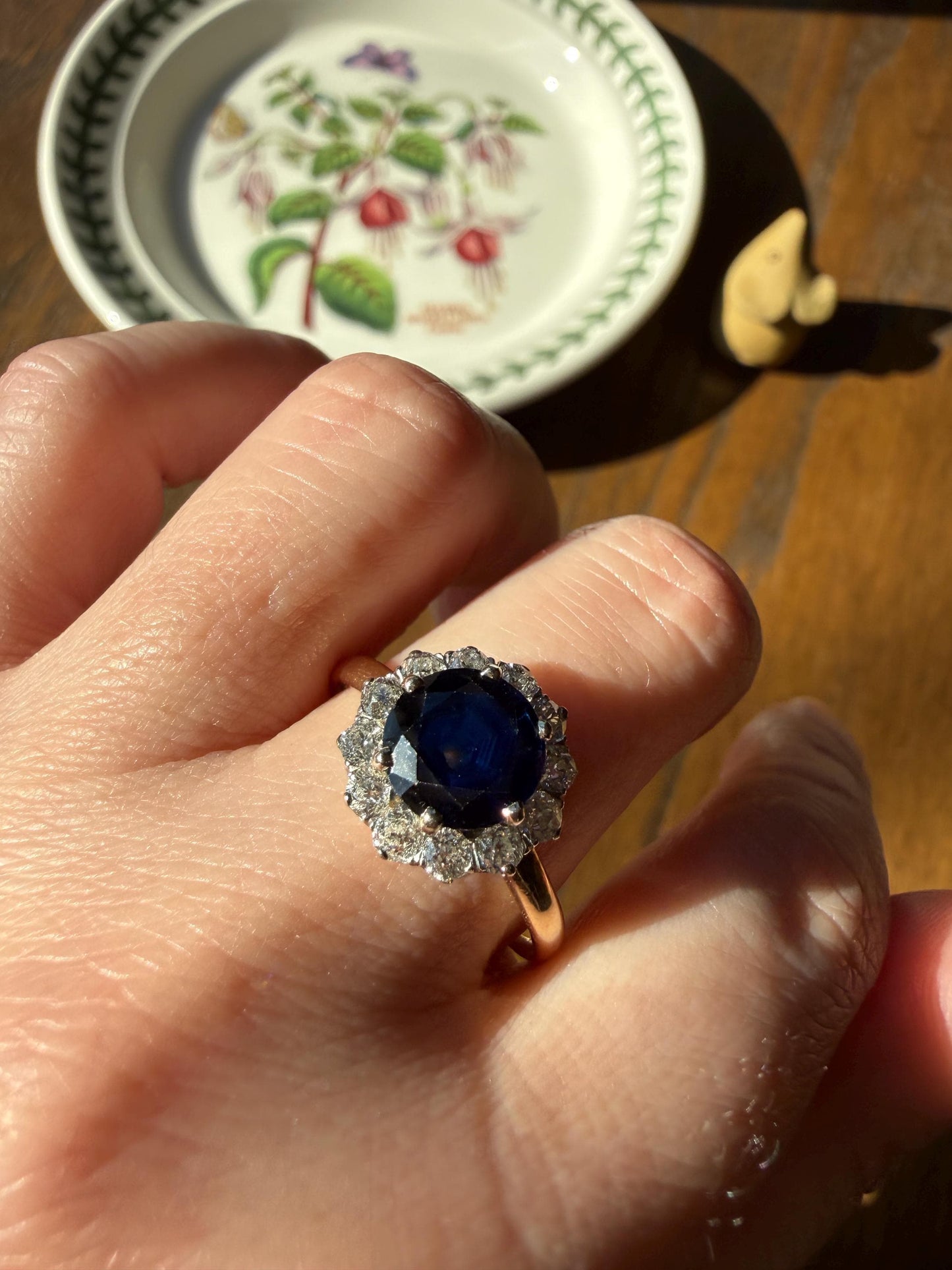 Antique Natural Sapphire with .8 Carat Old Mine Cut Diamond Halo Ring Cluster with Donut Shank Stacker Band 18k Gold Hexagon Silk