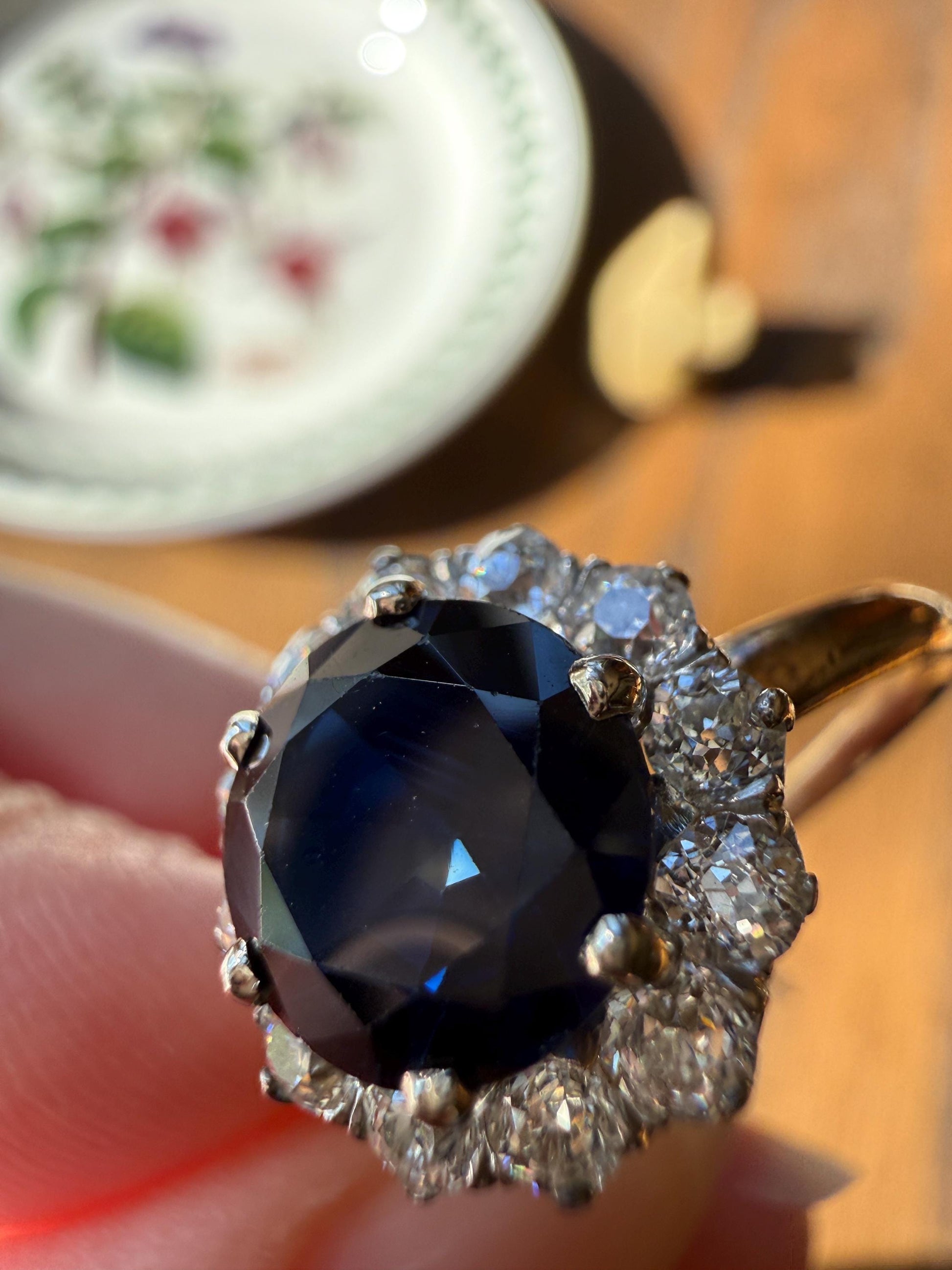 Antique Natural Sapphire with .8 Carat Old Mine Cut Diamond Halo Ring Cluster with Donut Shank Stacker Band 18k Gold Hexagon Silk
