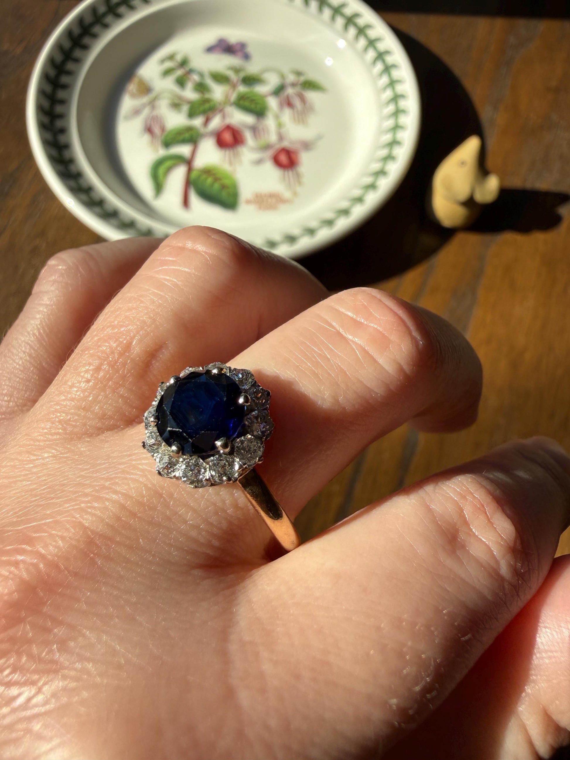Antique Natural Sapphire with .8 Carat Old Mine Cut Diamond Halo Ring Cluster with Donut Shank Stacker Band 18k Gold Hexagon Silk