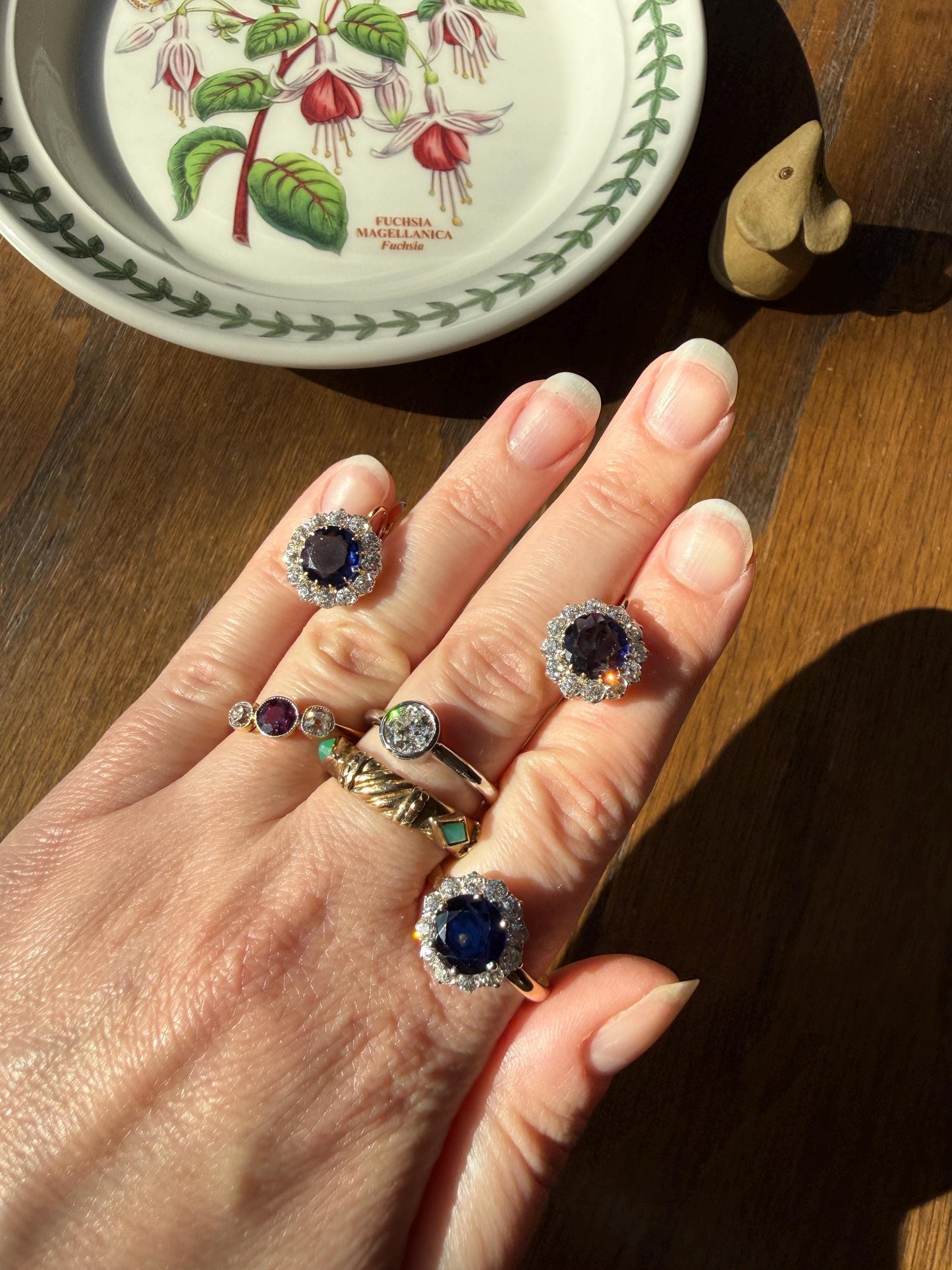 Antique Natural Sapphire with .8 Carat Old Mine Cut Diamond Halo Ring Cluster with Donut Shank Stacker Band 18k Gold Hexagon Silk