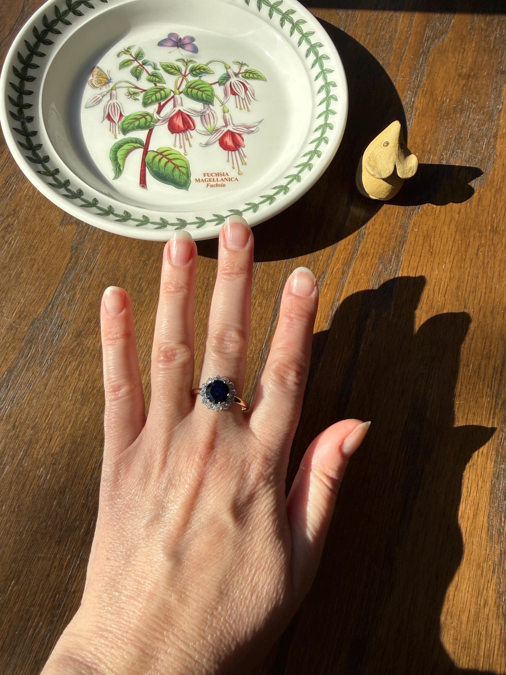 Antique Natural Sapphire with .8 Carat Old Mine Cut Diamond Halo Ring Cluster with Donut Shank Stacker Band 18k Gold Hexagon Silk