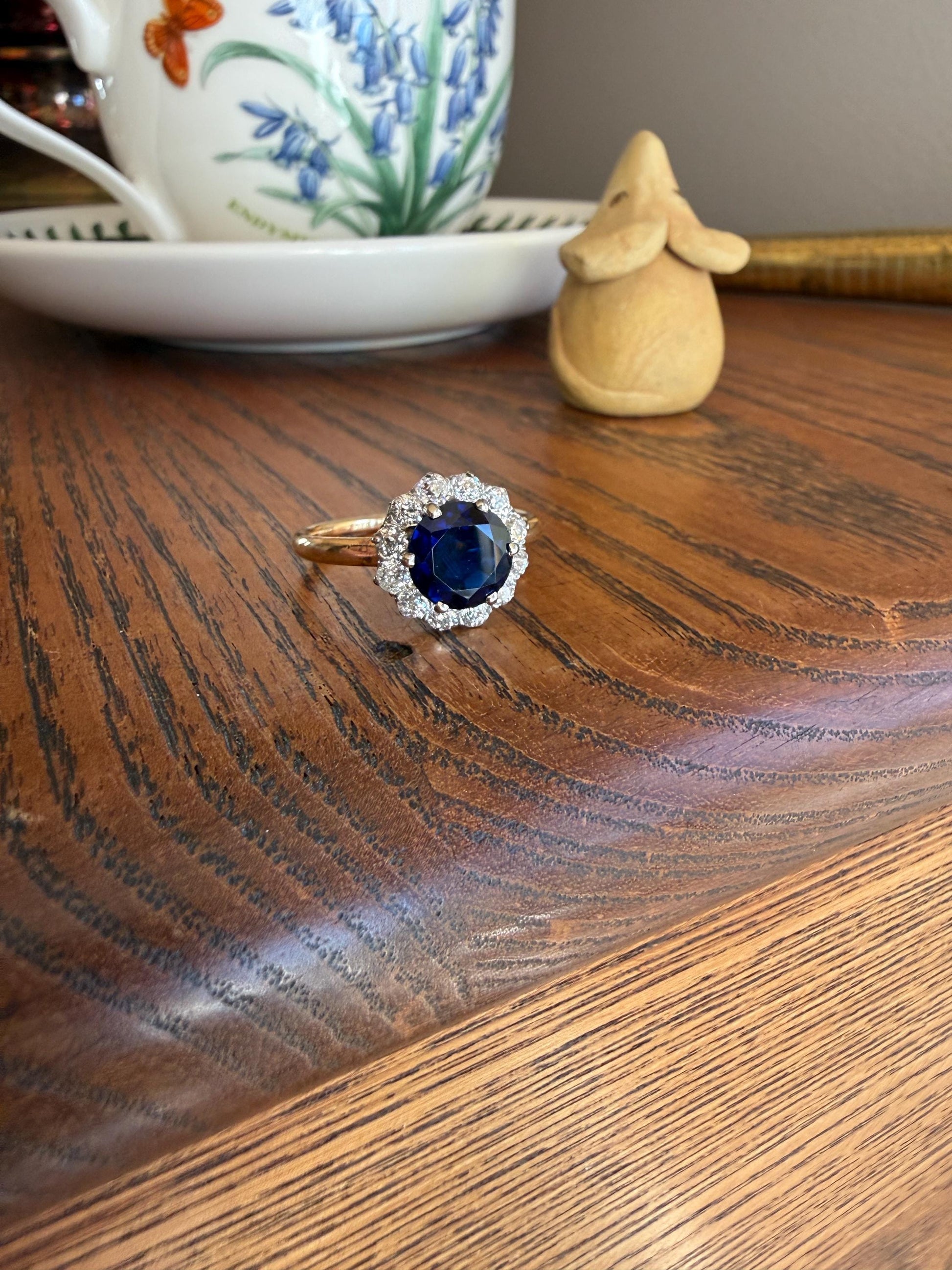 Antique Natural Sapphire with .8 Carat Old Mine Cut Diamond Halo Ring Cluster with Donut Shank Stacker Band 18k Gold Hexagon Silk