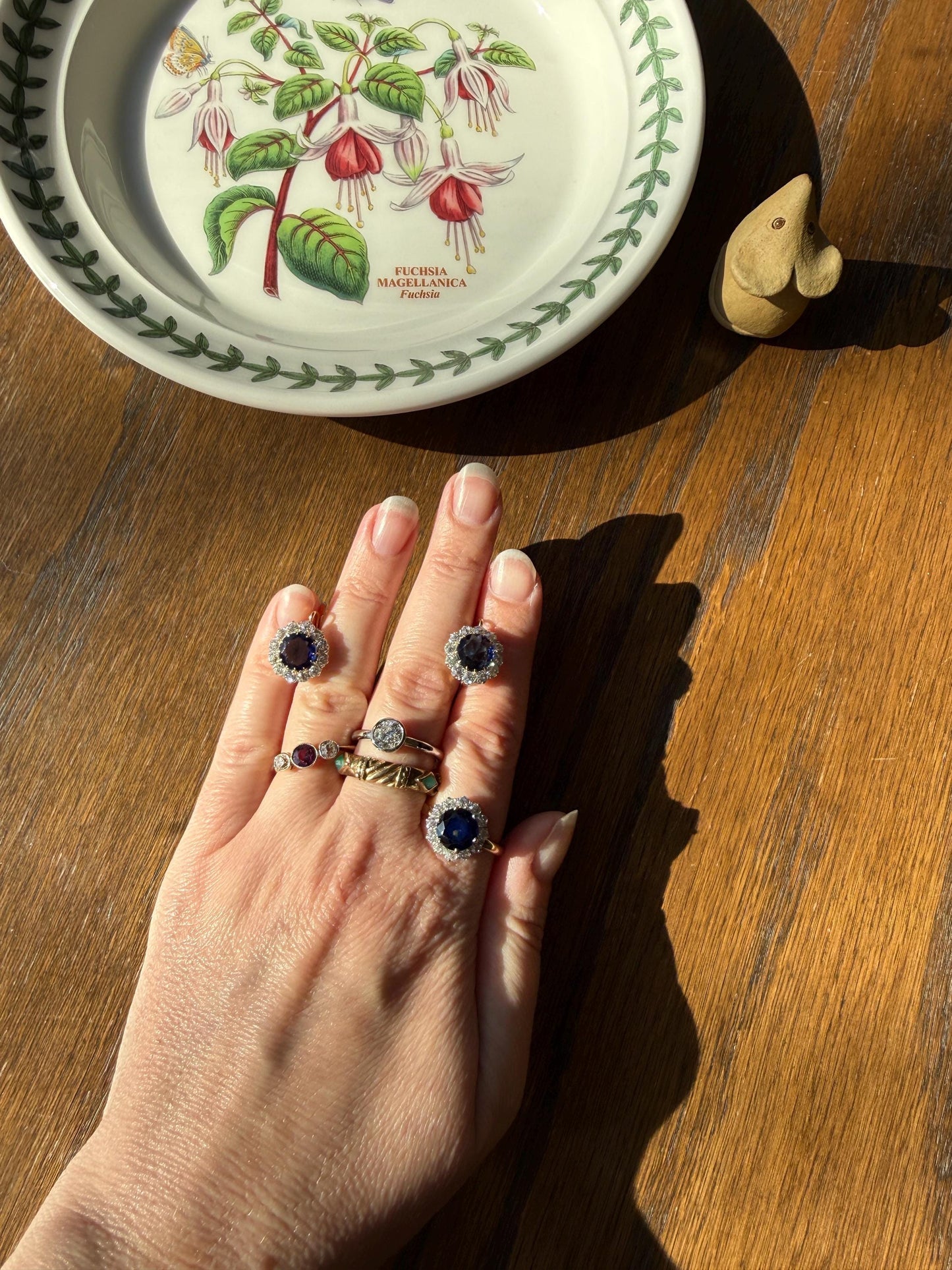 Antique Natural Sapphire with .8 Carat Old Mine Cut Diamond Halo Ring Cluster with Donut Shank Stacker Band 18k Gold Hexagon Silk