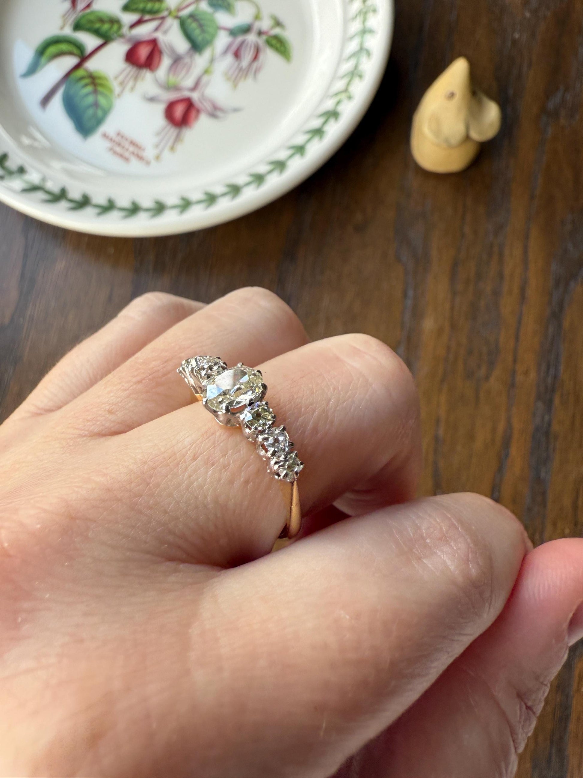 Antique Edwardian Art Deco 1.3 Carat Seven Stone Old Mine Cut Diamond Band Eye Clean Oval Center 18k Gold Platinum Prongs Tall Stacker