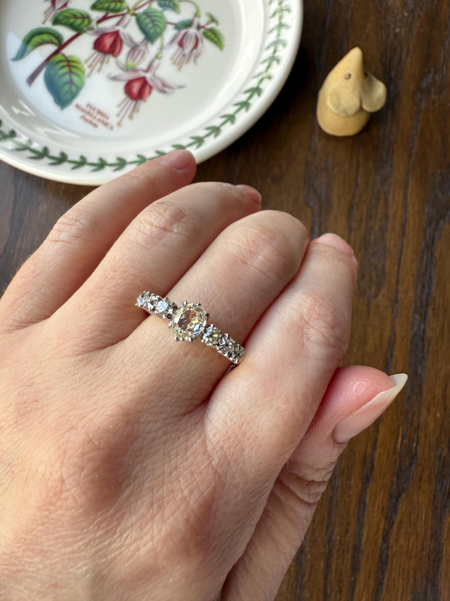 Antique Edwardian Art Deco 1.3 Carat Seven Stone Old Mine Cut Diamond Band Eye Clean Oval Center 18k Gold Platinum Prongs Tall Stacker