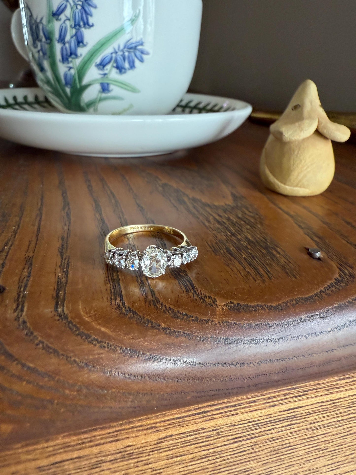Antique Edwardian Art Deco 1.3 Carat Seven Stone Old Mine Cut Diamond Band Eye Clean Oval Center 18k Gold Platinum Prongs Tall Stacker