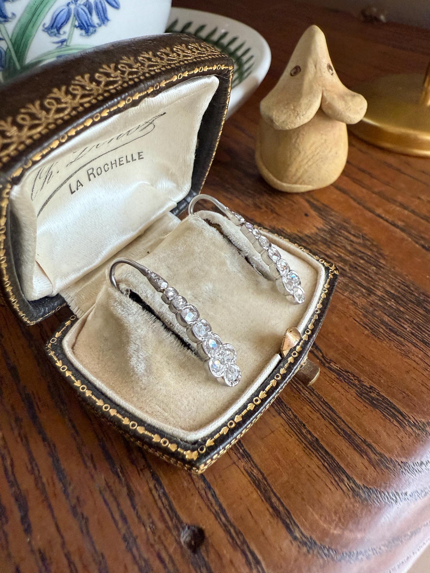 Beautiful Antique Platinum Linear Rose Cut Diamond Earrings Fixed Ear Wires Dangle Drop Clusters