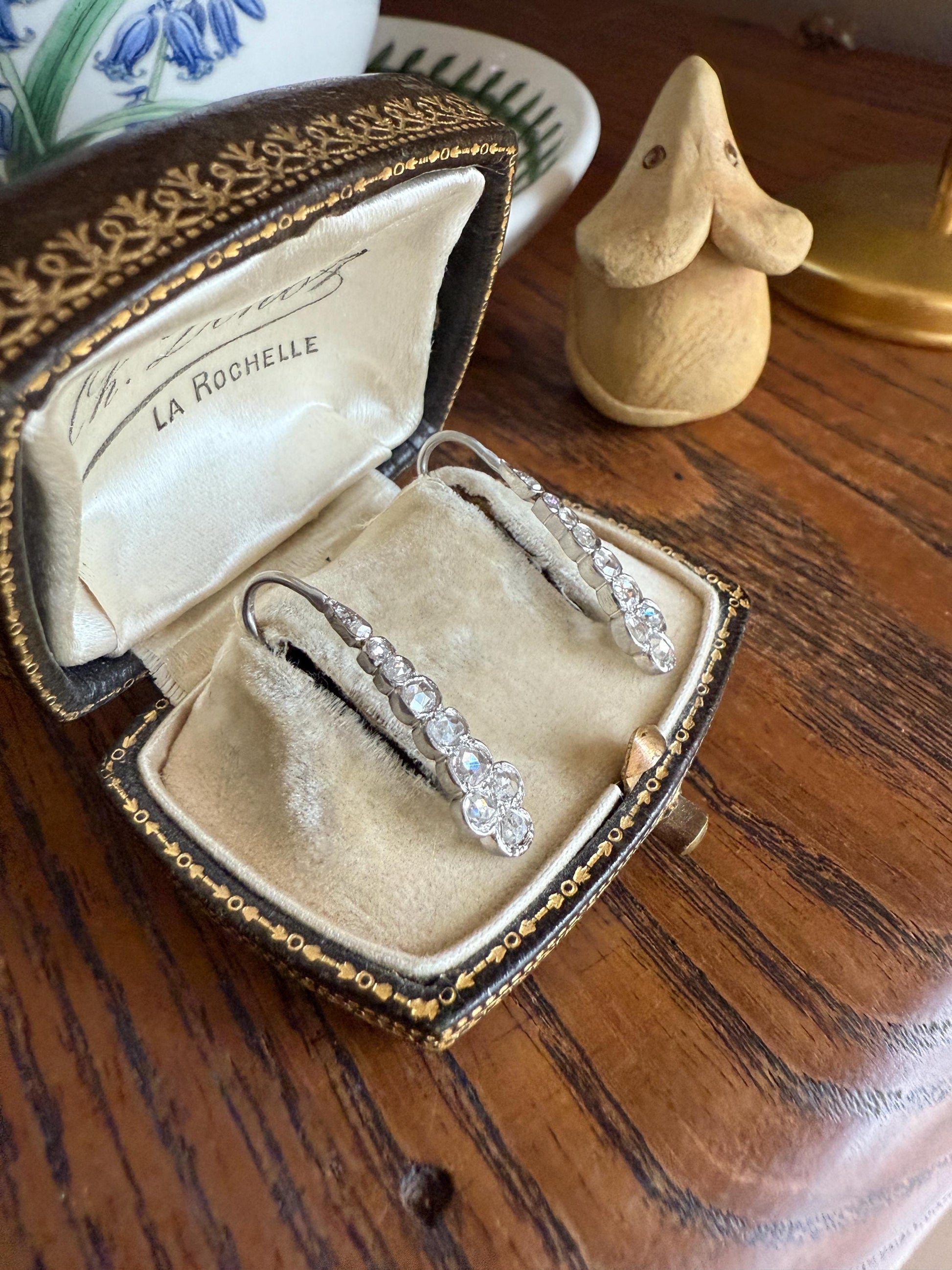 Beautiful Antique Platinum Linear Rose Cut Diamond Earrings Fixed Ear Wires Dangle Drop Clusters