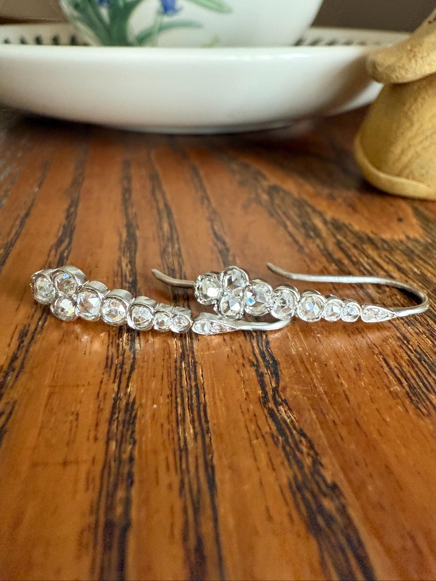 Beautiful Antique Platinum Linear Rose Cut Diamond Earrings Fixed Ear Wires Dangle Drop Clusters