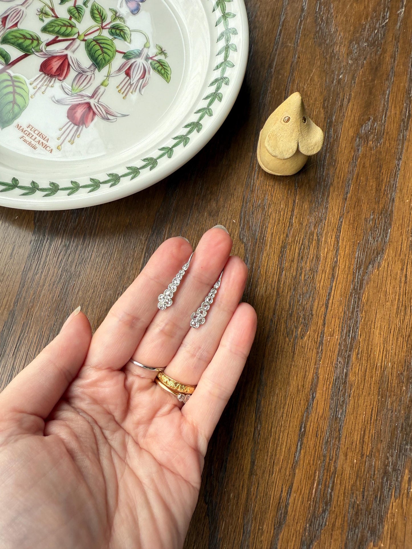 Beautiful Antique Platinum Linear Rose Cut Diamond Earrings Fixed Ear Wires Dangle Drop Clusters
