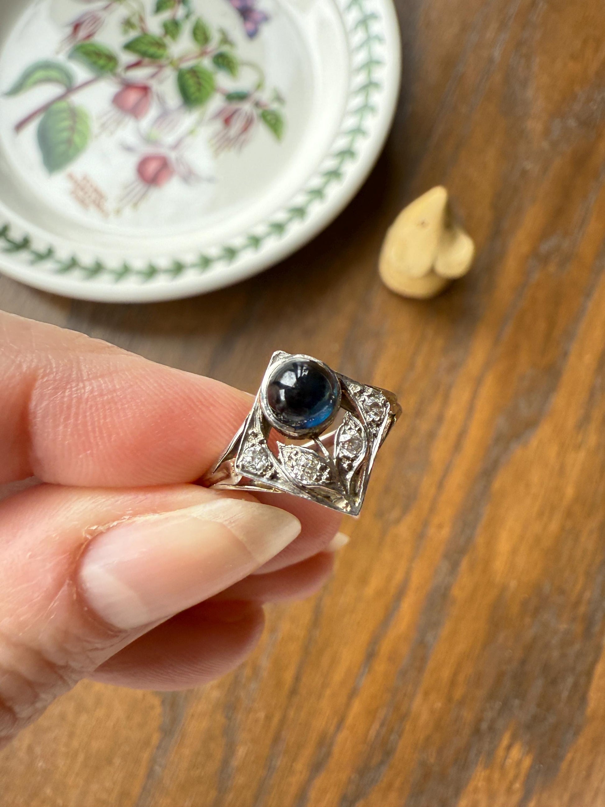 Antique FLOWER Glowing Blue Natural Sapphire Old Mine Cut Diamond Panel Ring Art Deco Geometric 18k White Gold