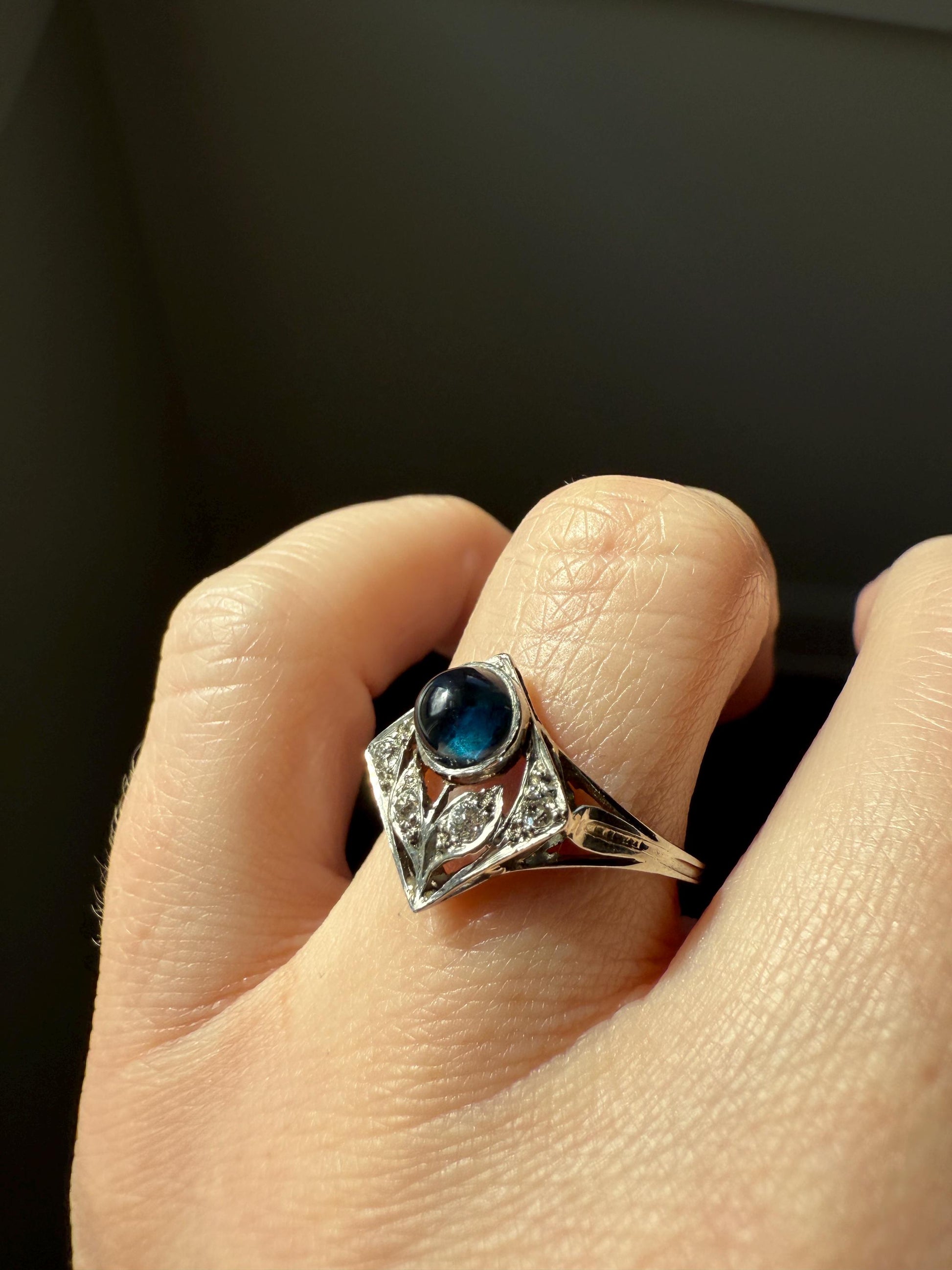 Antique FLOWER Glowing Blue Natural Sapphire Old Mine Cut Diamond Panel Ring Art Deco Geometric 18k White Gold