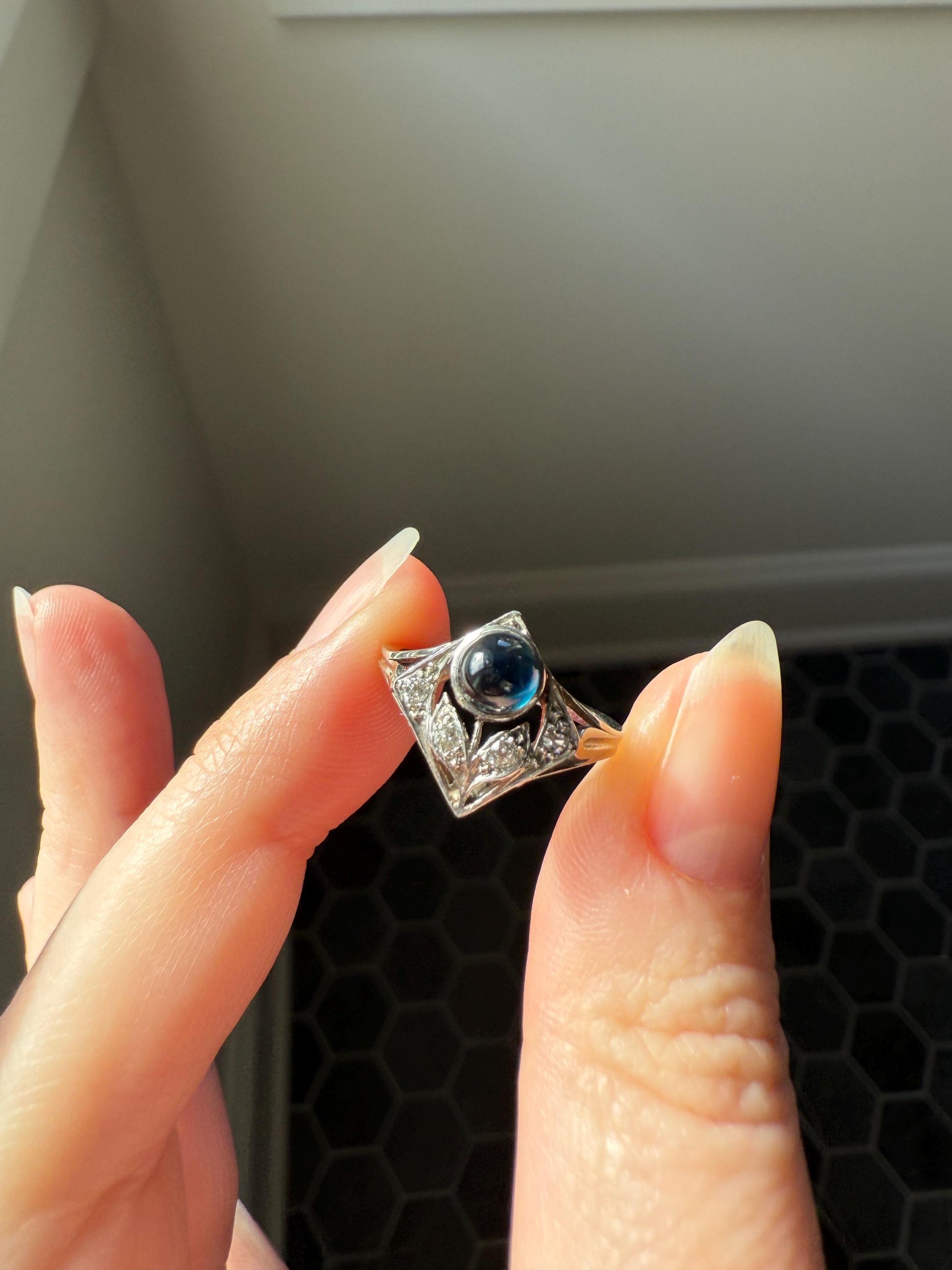 Antique FLOWER Glowing Blue Natural Sapphire Old Mine Cut Diamond Panel Ring Art Deco Geometric 18k White Gold