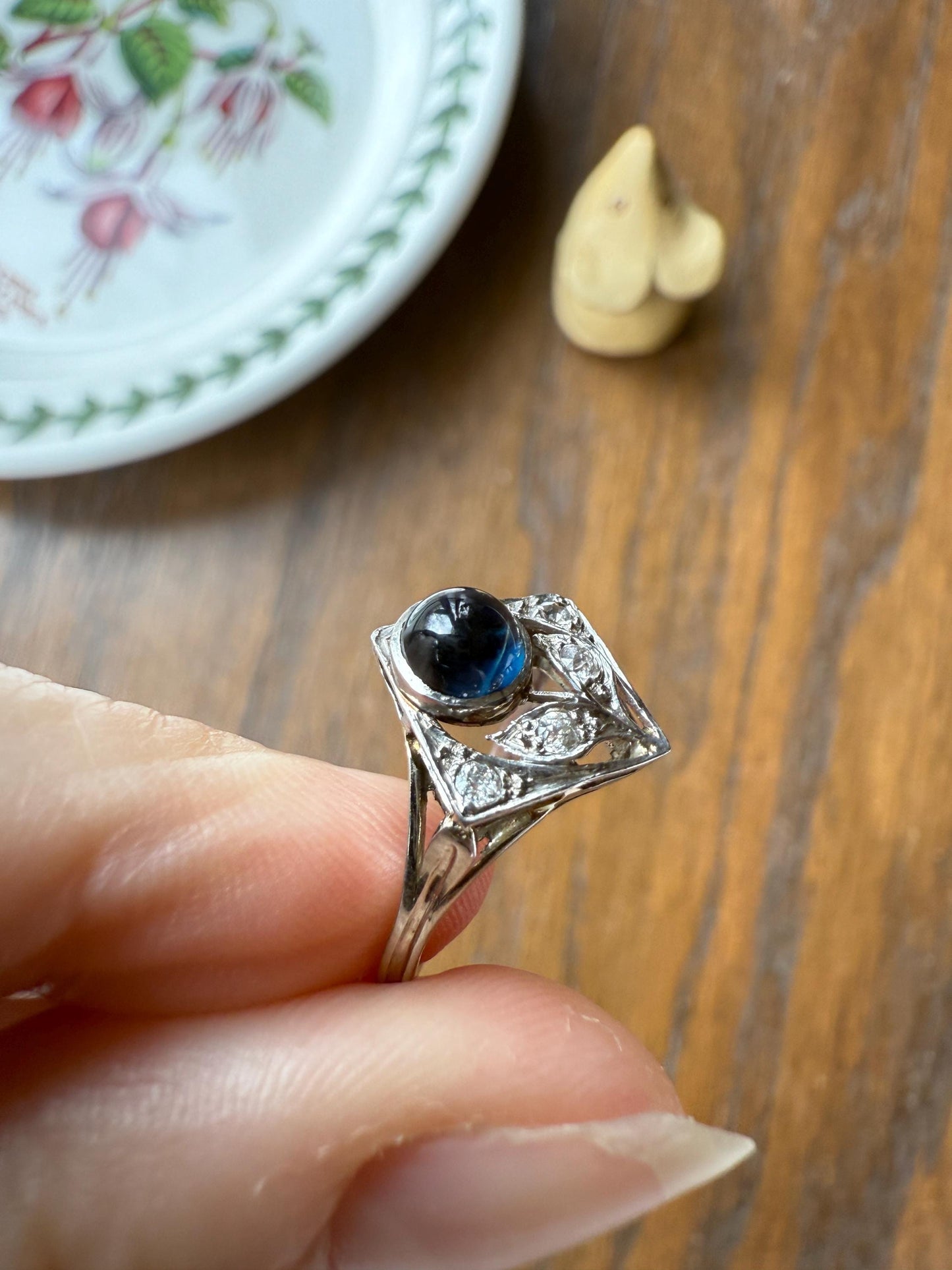 Antique FLOWER Glowing Blue Natural Sapphire Old Mine Cut Diamond Panel Ring Art Deco Geometric 18k White Gold