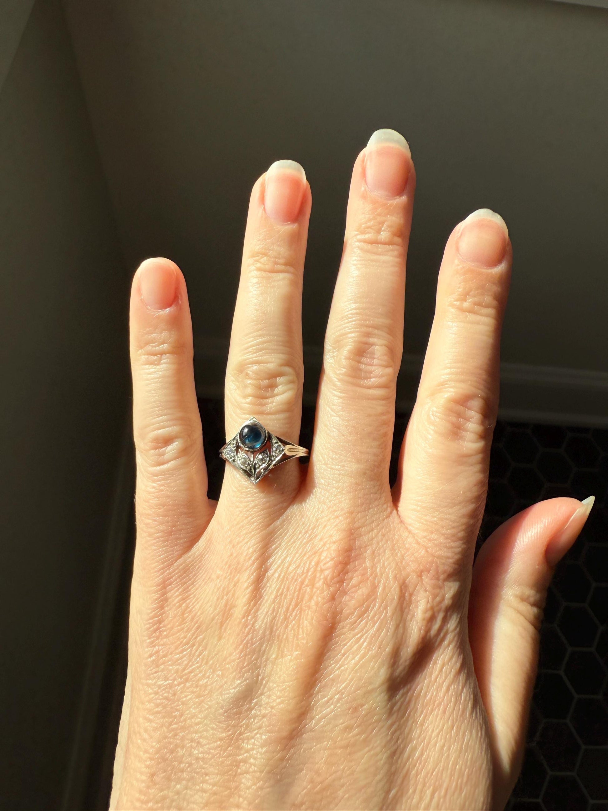Antique FLOWER Glowing Blue Natural Sapphire Old Mine Cut Diamond Panel Ring Art Deco Geometric 18k White Gold