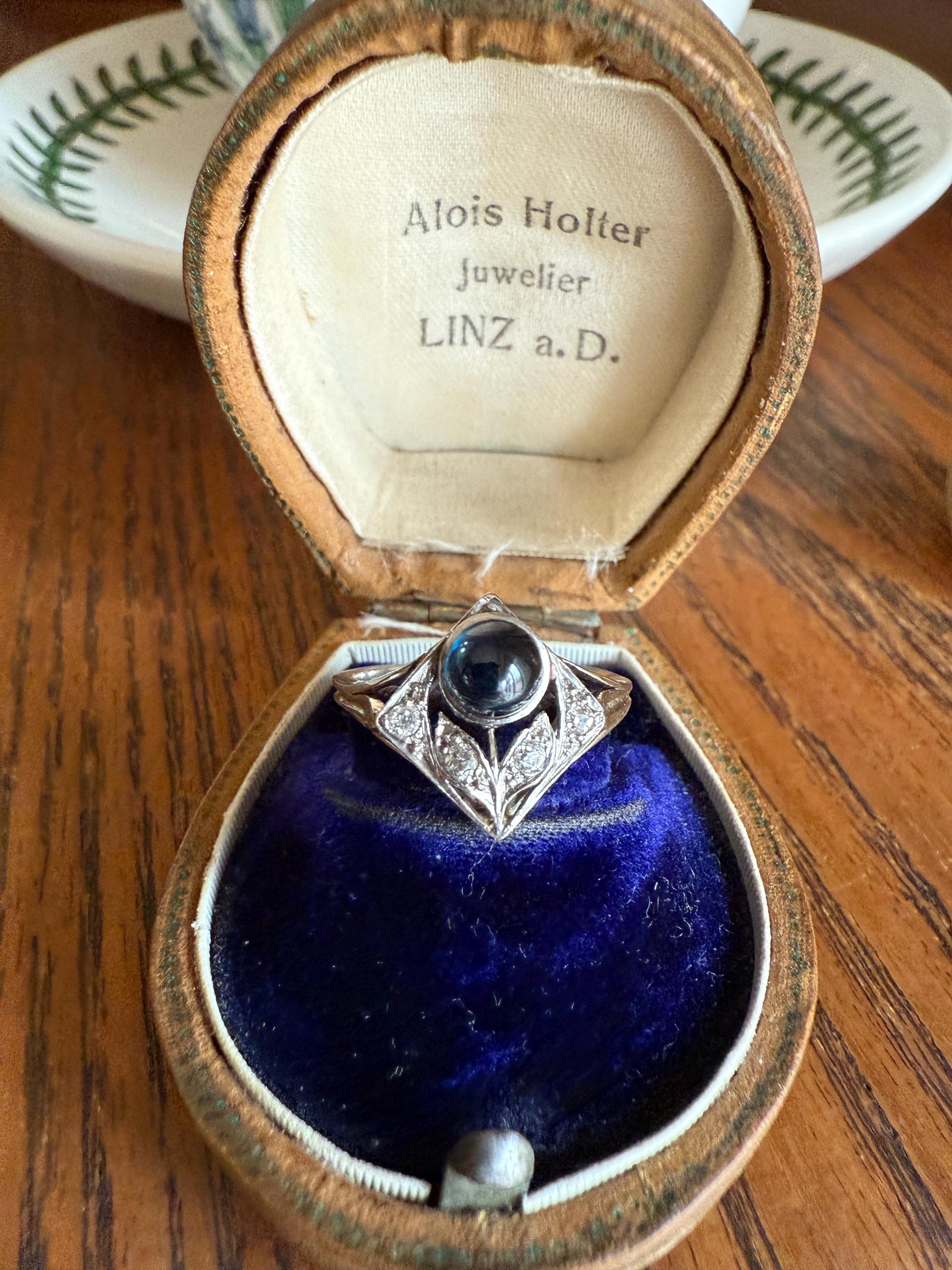 Antique FLOWER Glowing Blue Natural Sapphire Old Mine Cut Diamond Panel Ring Art Deco Geometric 18k White Gold