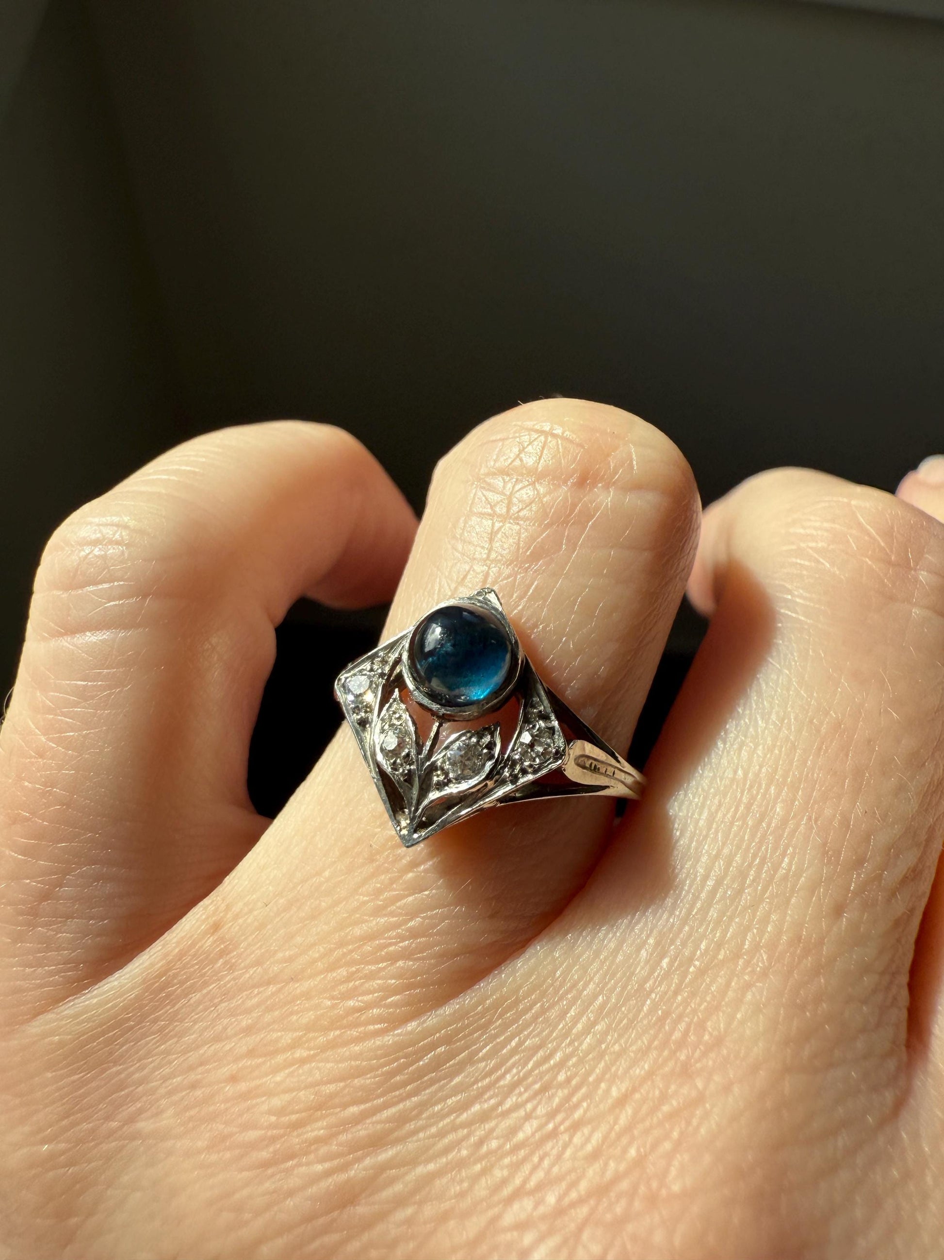Antique FLOWER Glowing Blue Natural Sapphire Old Mine Cut Diamond Panel Ring Art Deco Geometric 18k White Gold
