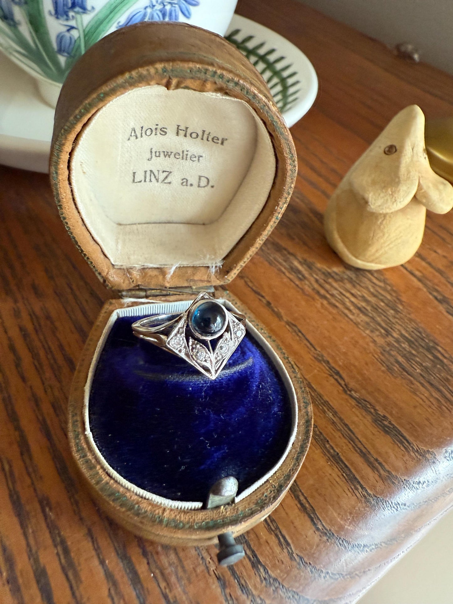 Antique FLOWER Glowing Blue Natural Sapphire Old Mine Cut Diamond Panel Ring Art Deco Geometric 18k White Gold