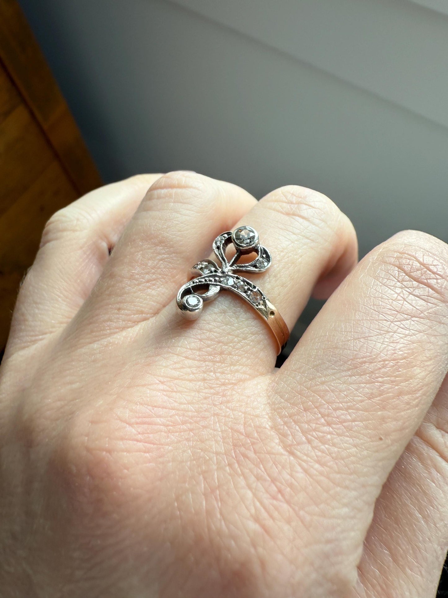 Antique Art Nouveau Jugendstil Old Mine Rose Cut Diamond Whiplash Swirl Stylized Flower Ring 14k Gold Silver Figural Ornate
