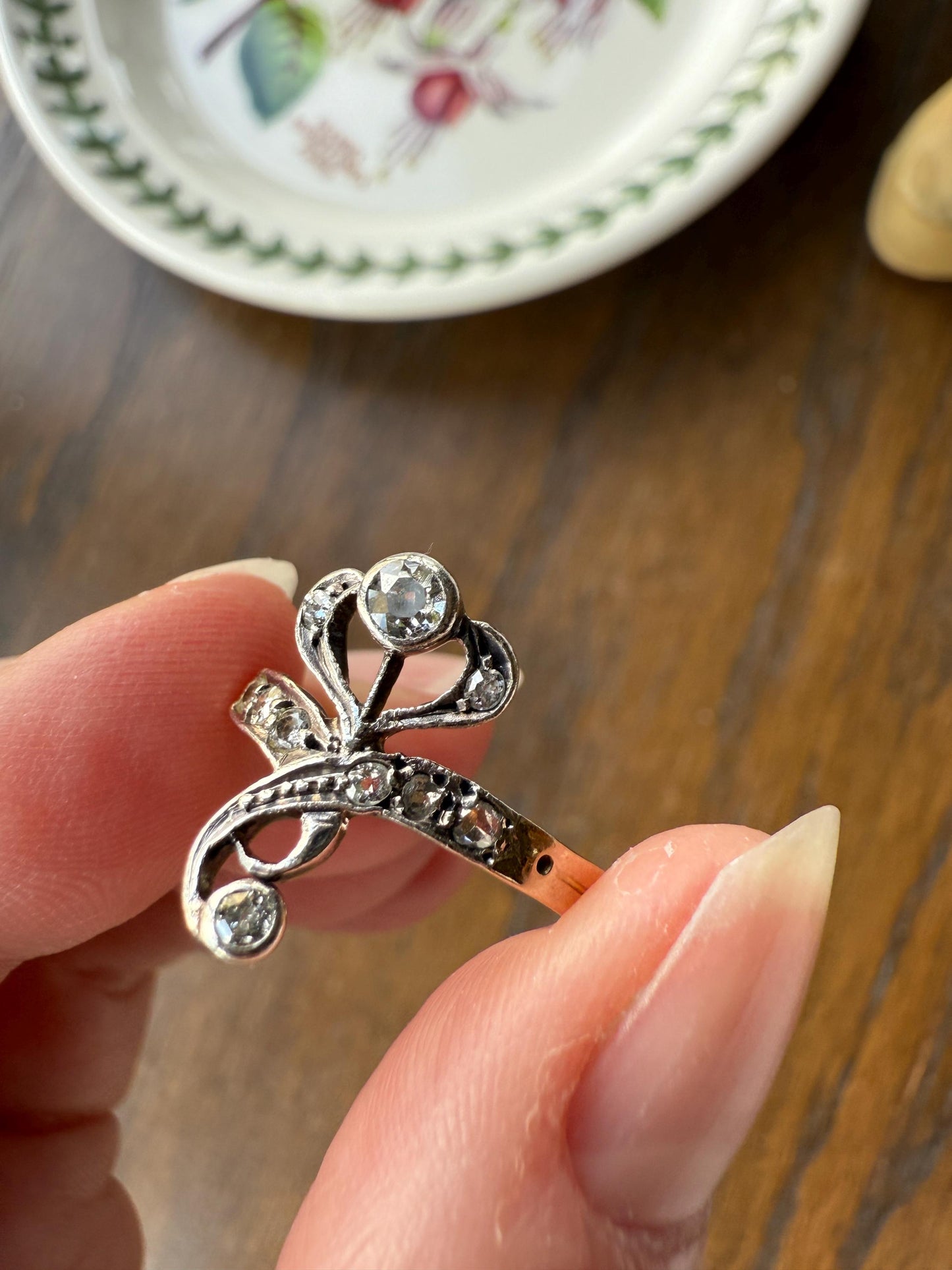 Antique Art Nouveau Jugendstil Old Mine Rose Cut Diamond Whiplash Swirl Stylized Flower Ring 14k Gold Silver Figural Ornate