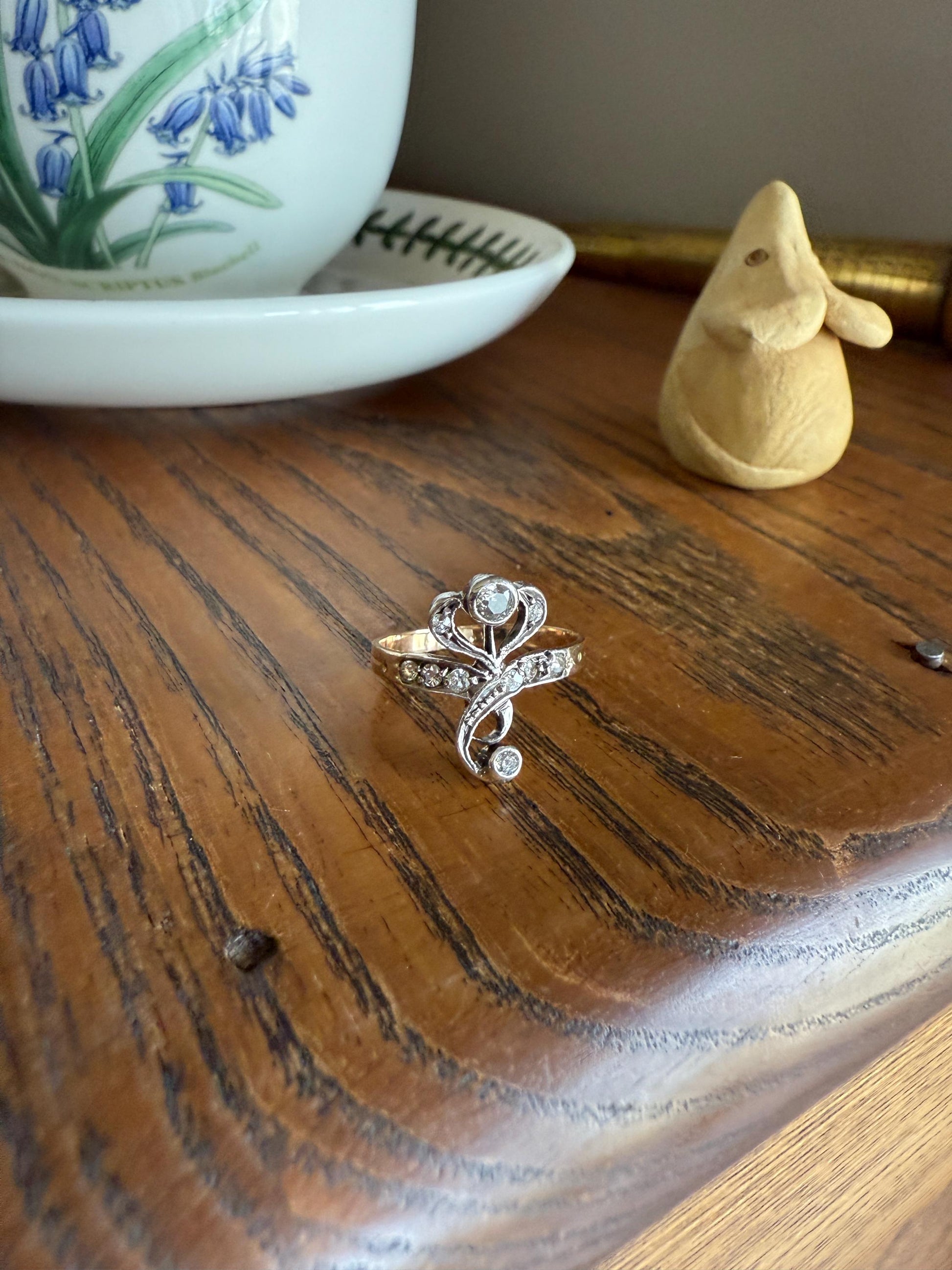 Antique Art Nouveau Jugendstil Old Mine Rose Cut Diamond Whiplash Swirl Stylized Flower Ring 14k Gold Silver Figural Ornate