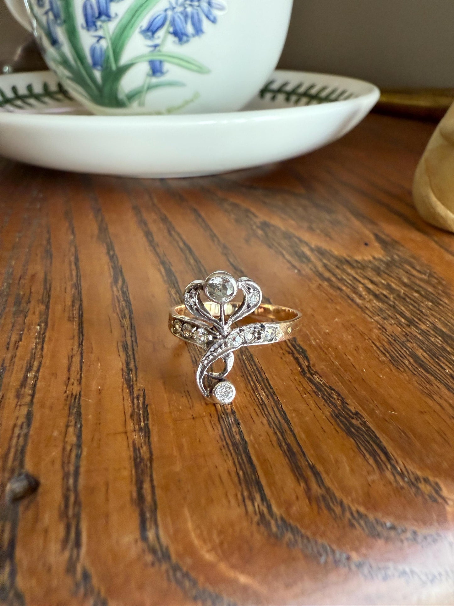 Antique Art Nouveau Jugendstil Old Mine Rose Cut Diamond Whiplash Swirl Stylized Flower Ring 14k Gold Silver Figural Ornate