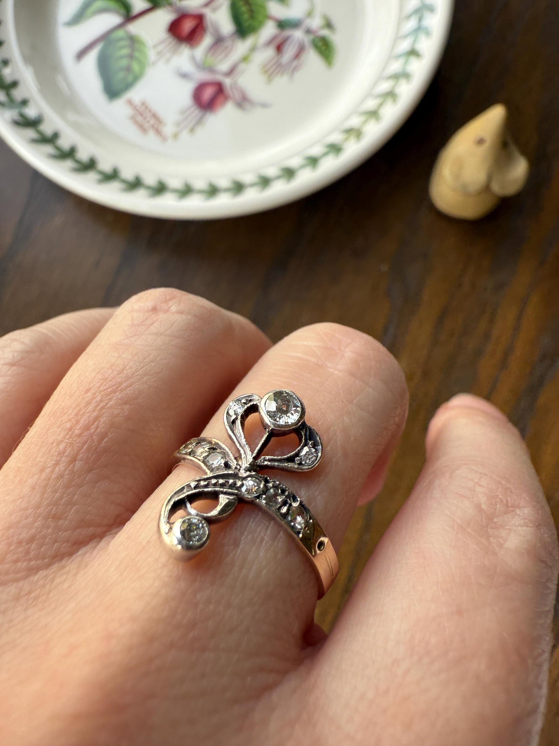 Antique Art Nouveau Jugendstil Old Mine Rose Cut Diamond Whiplash Swirl Stylized Flower Ring 14k Gold Silver Figural Ornate