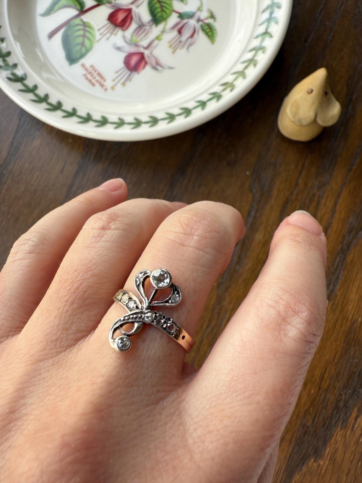 Antique Art Nouveau Jugendstil Old Mine Rose Cut Diamond Whiplash Swirl Stylized Flower Ring 14k Gold Silver Figural Ornate