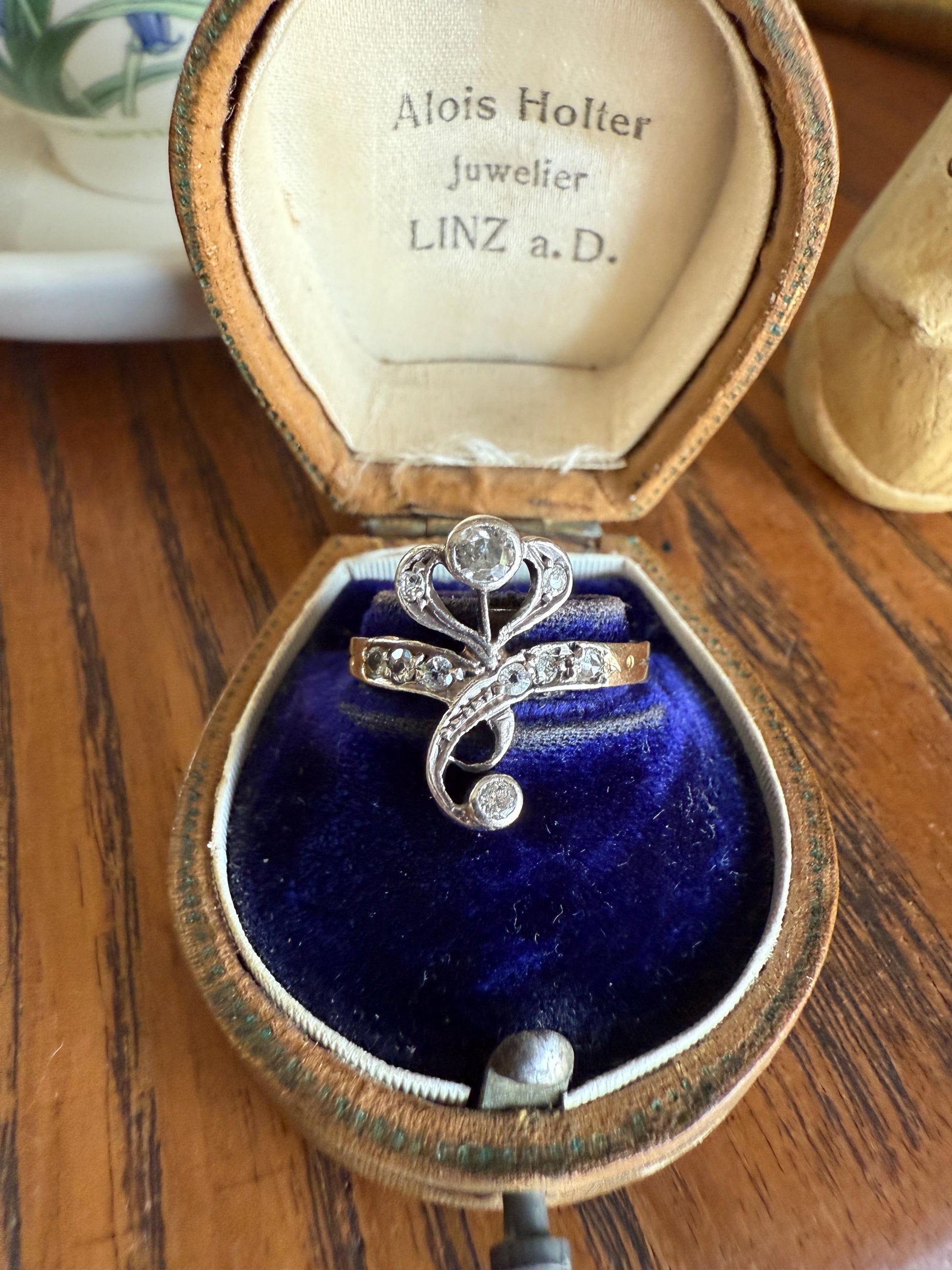 Antique Art Nouveau Jugendstil Old Mine Rose Cut Diamond Whiplash Swirl Stylized Flower Ring 14k Gold Silver Figural Ornate