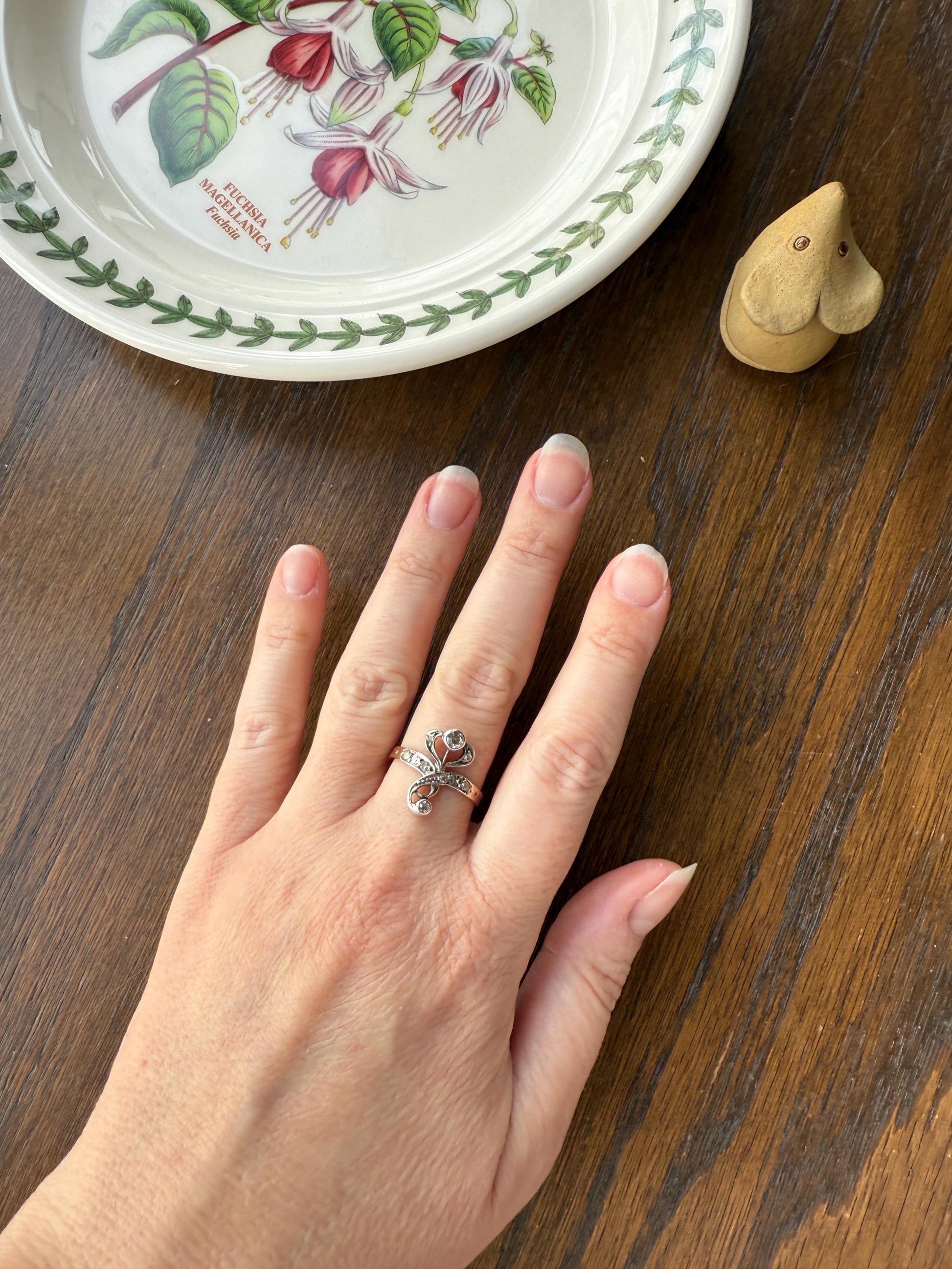 Antique Art Nouveau Jugendstil Old Mine Rose Cut Diamond Whiplash Swirl Stylized Flower Ring 14k Gold Silver Figural Ornate