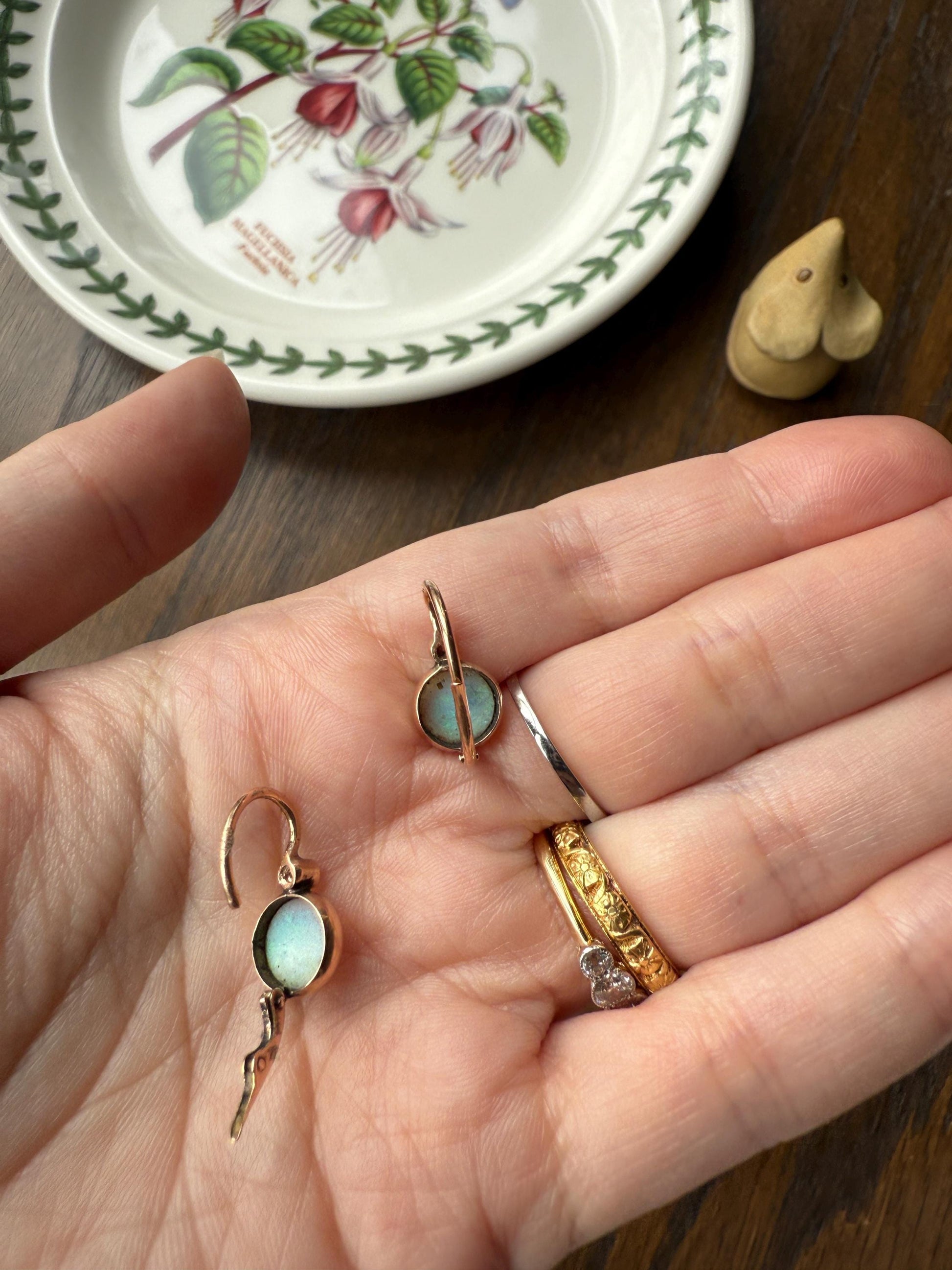 Antique Blue OPAL 14k Rosy Gold Bezel Set Earrings with Diamond Accents Lever Back Dormeuse Dangle