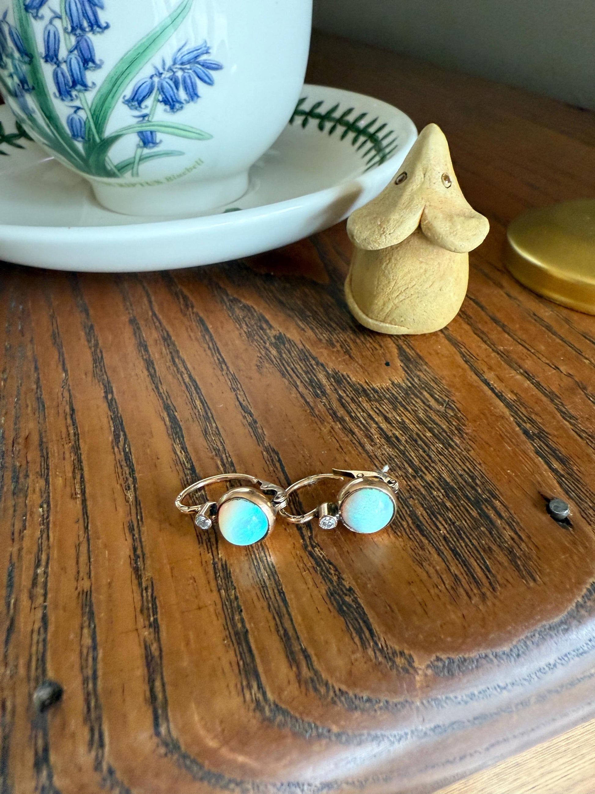 Antique Blue OPAL 14k Rosy Gold Bezel Set Earrings with Diamond Accents Lever Back Dormeuse Dangle