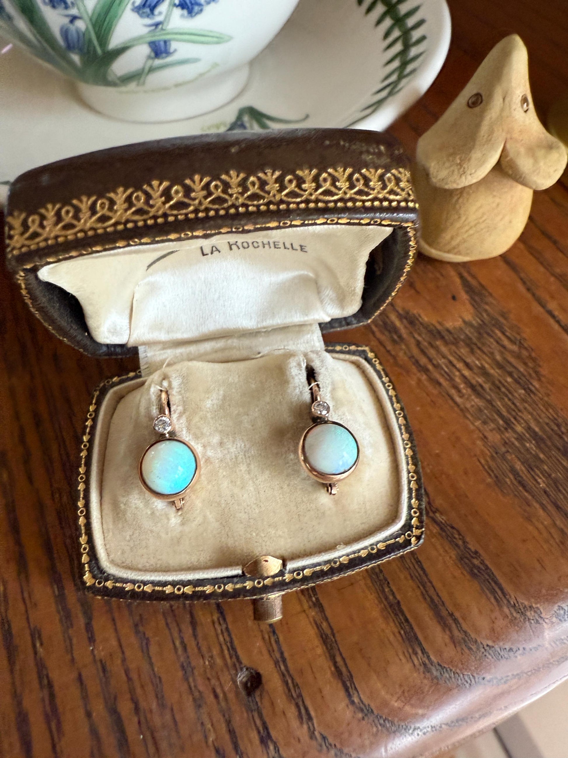 Antique Blue OPAL 14k Rosy Gold Bezel Set Earrings with Diamond Accents Lever Back Dormeuse Dangle