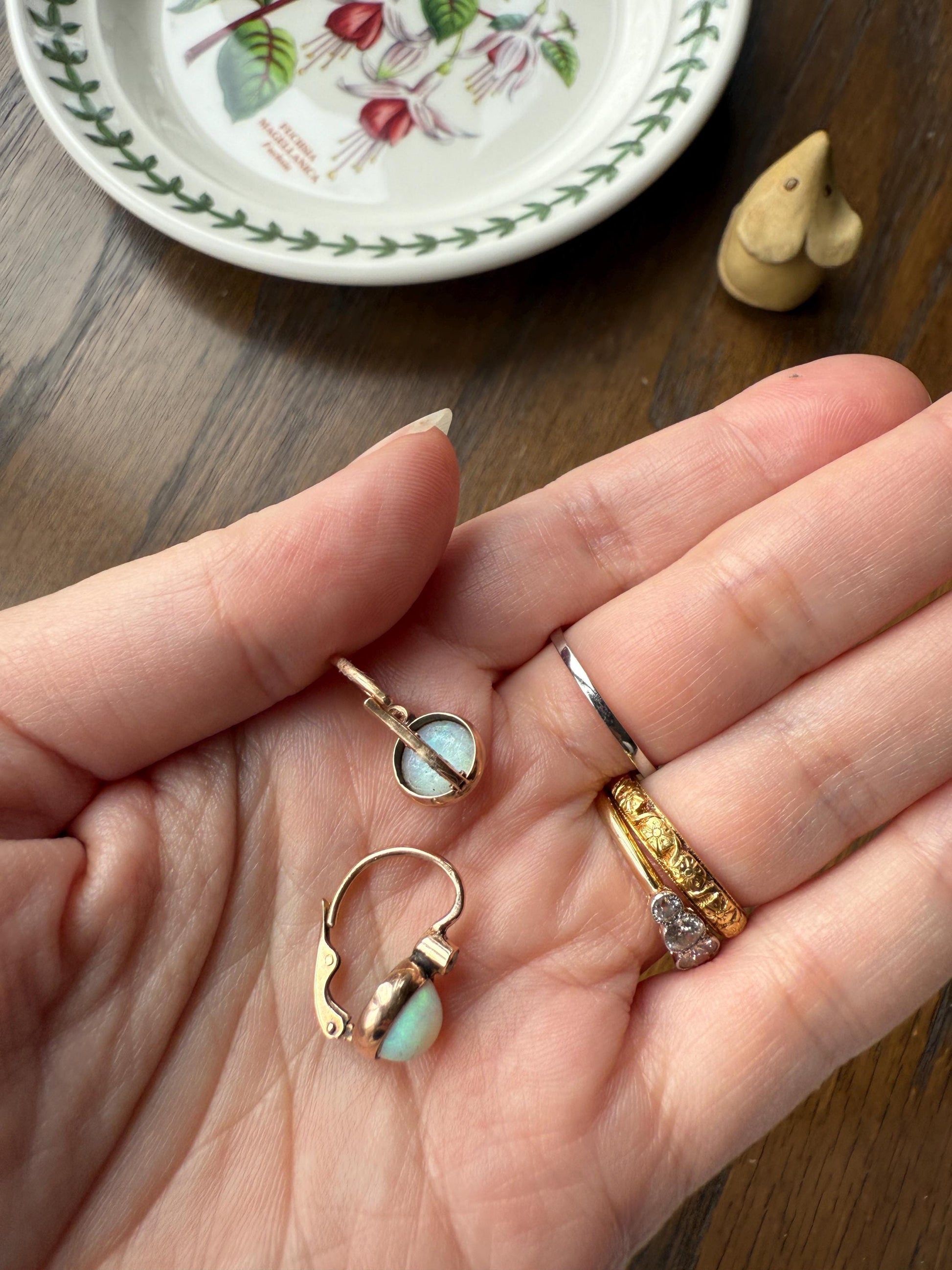Antique Blue OPAL 14k Rosy Gold Bezel Set Earrings with Diamond Accents Lever Back Dormeuse Dangle